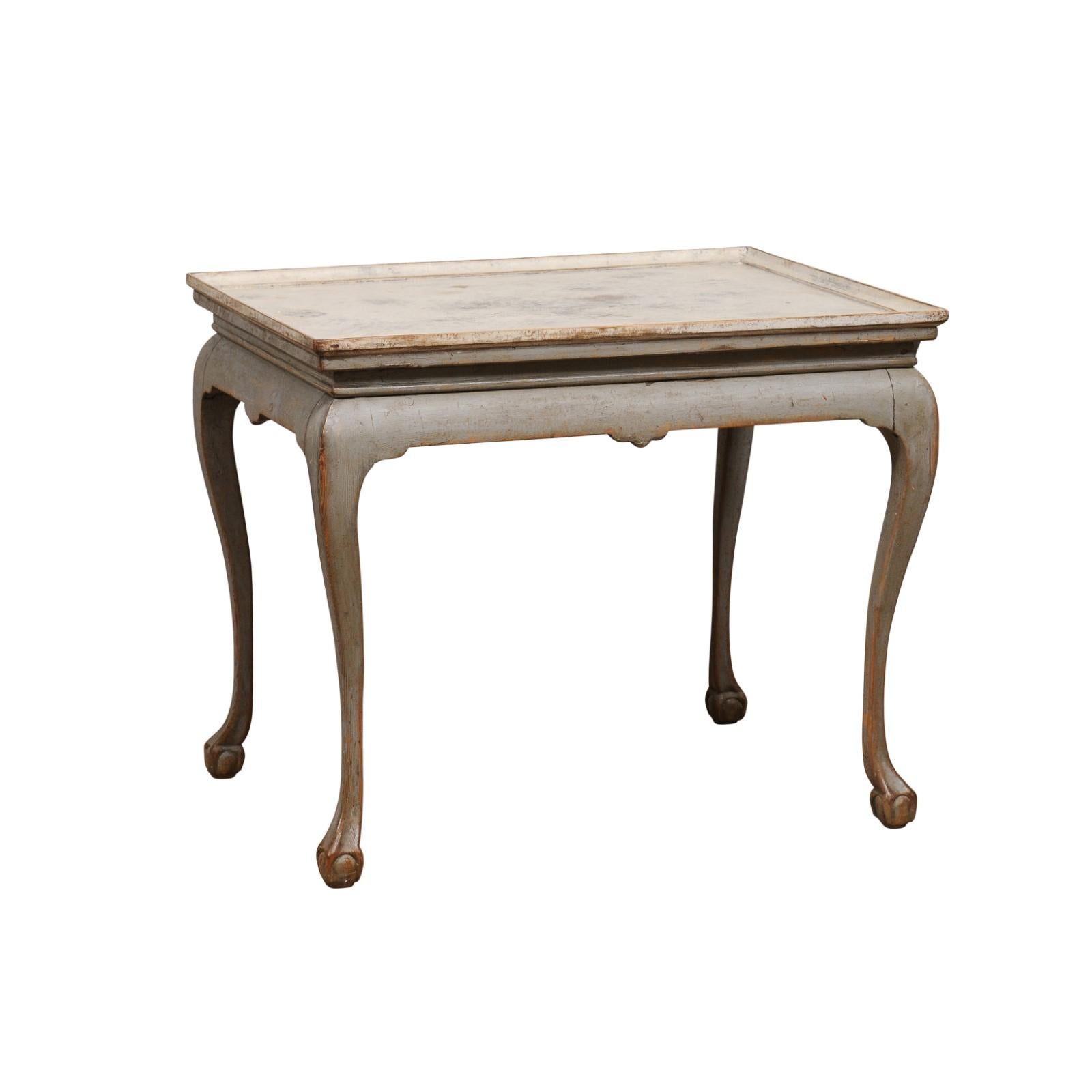 1750s Swedish Rococo Gray Painted Tea Table with Tray Top and Ball and Claw Feet For Sale 1