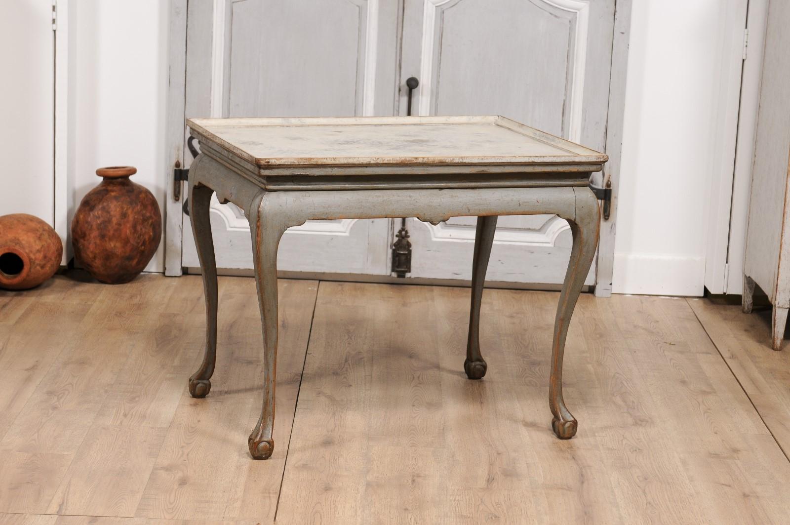 1750s Swedish Rococo Gray Painted Tea Table with Tray Top and Ball and Claw Feet For Sale 2