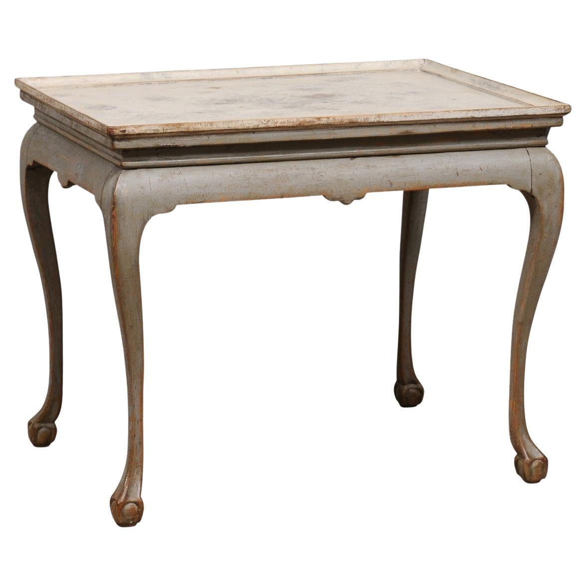 1750s Swedish Rococo Gray Painted Tea Table with Tray Top and Ball and Claw Feet For Sale