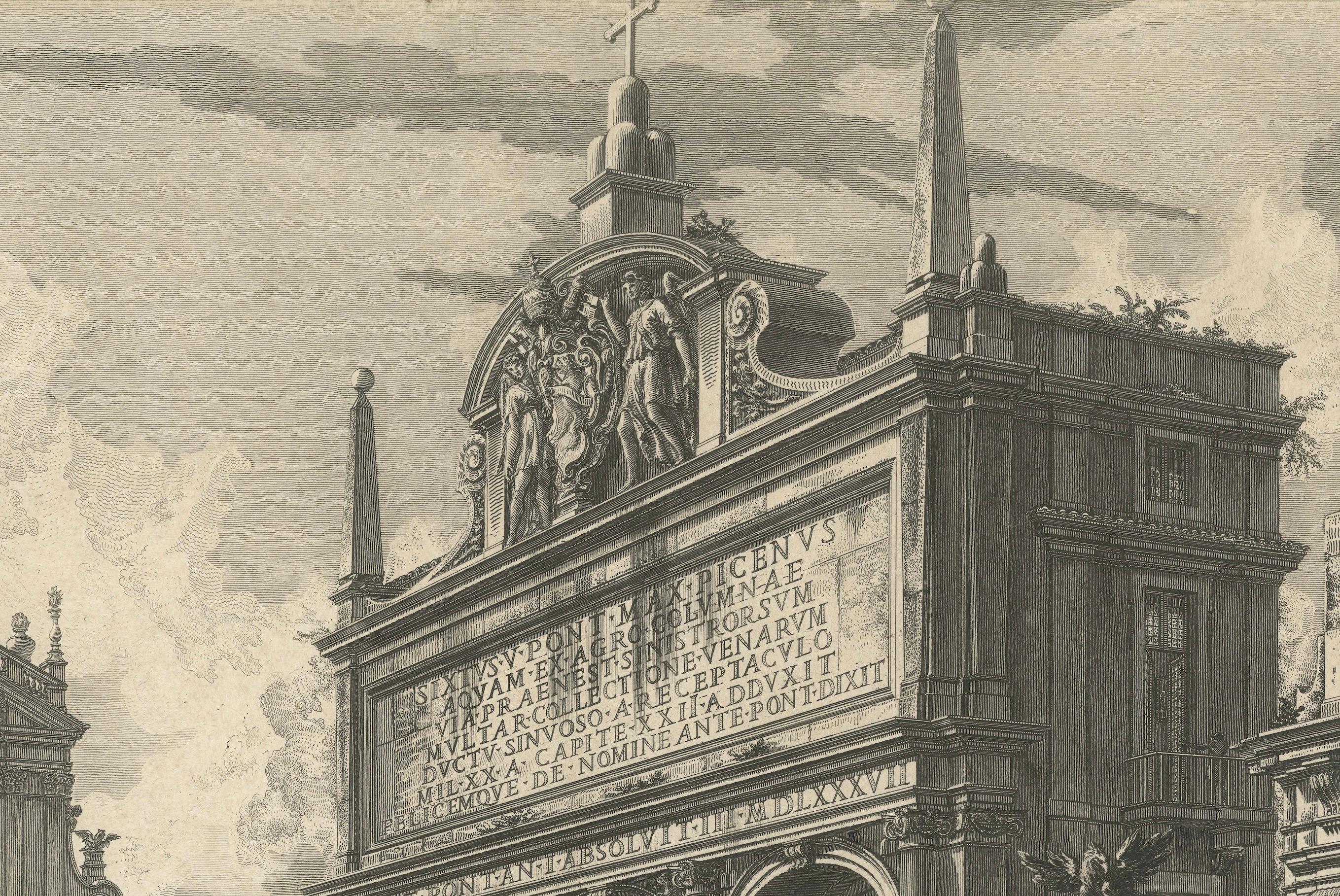 1751 Grabado de fuente e iglesia romanas - Fuente de Moisés y Santa María mediados del siglo XVIII en venta