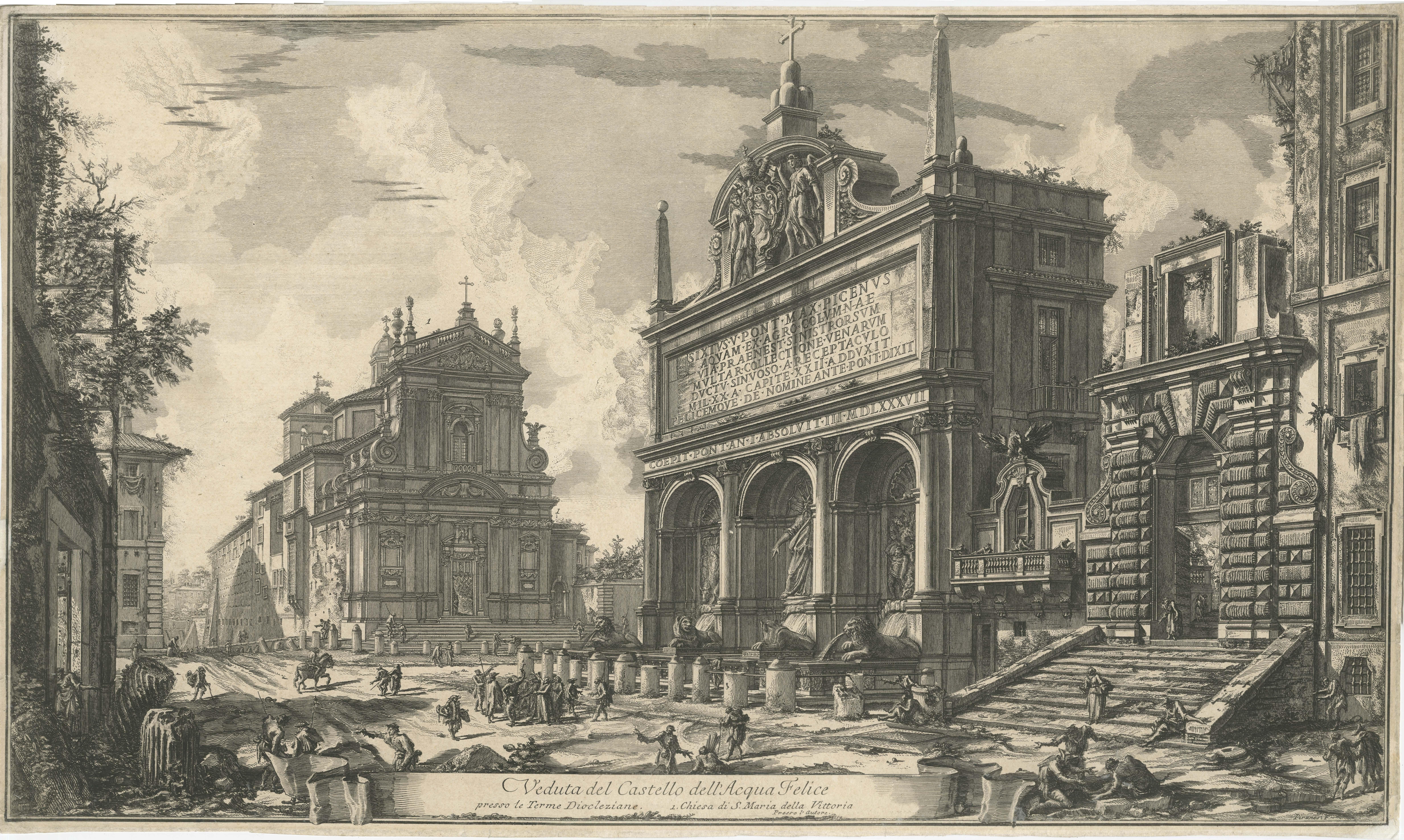 1751 Grabado de fuente e iglesia romanas - Fuente de Moisés y Santa María
