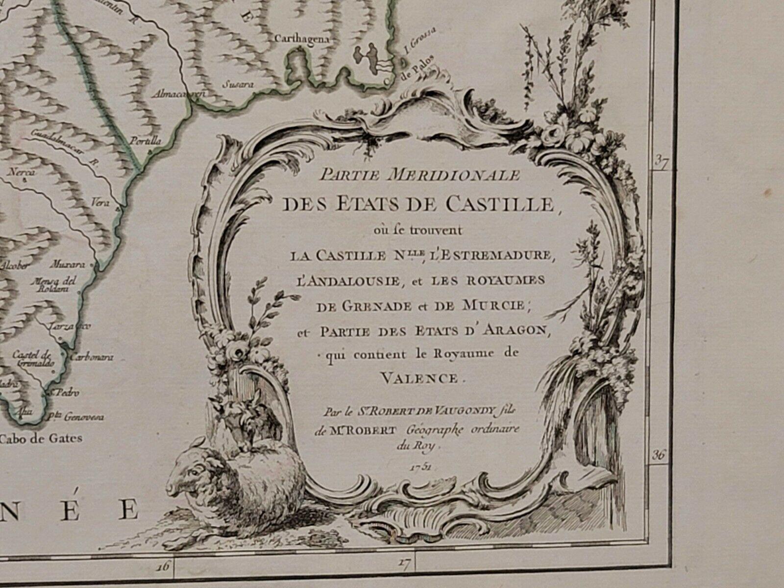 Painted 1751 Map of Spain Castilla Robert De Vaugondy 1st Edition, Ric.a001 For Sale