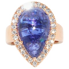 17.52 Carat Pear Shape Tanzanite Cabochon and Diamond Ring in 14 Karat Rose Gold