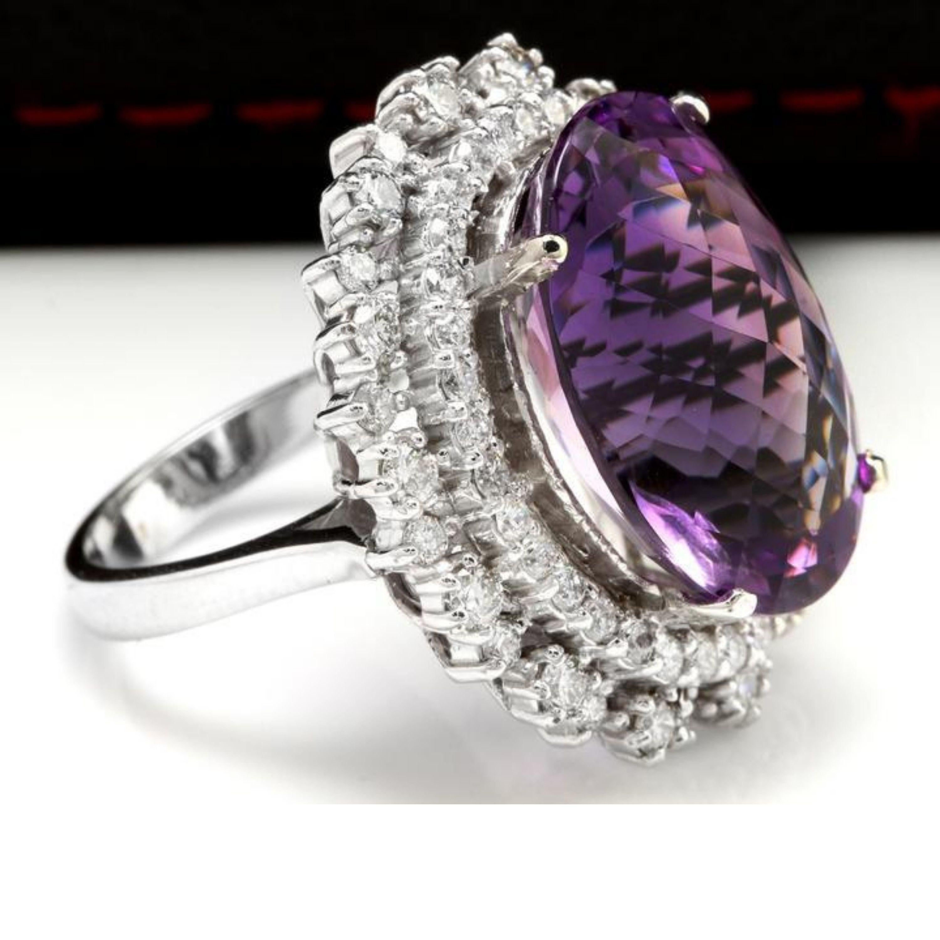 Mixed Cut 17.52 Carat Natural Amethyst and Diamond 14 Karat Solid White Gold Ring For Sale