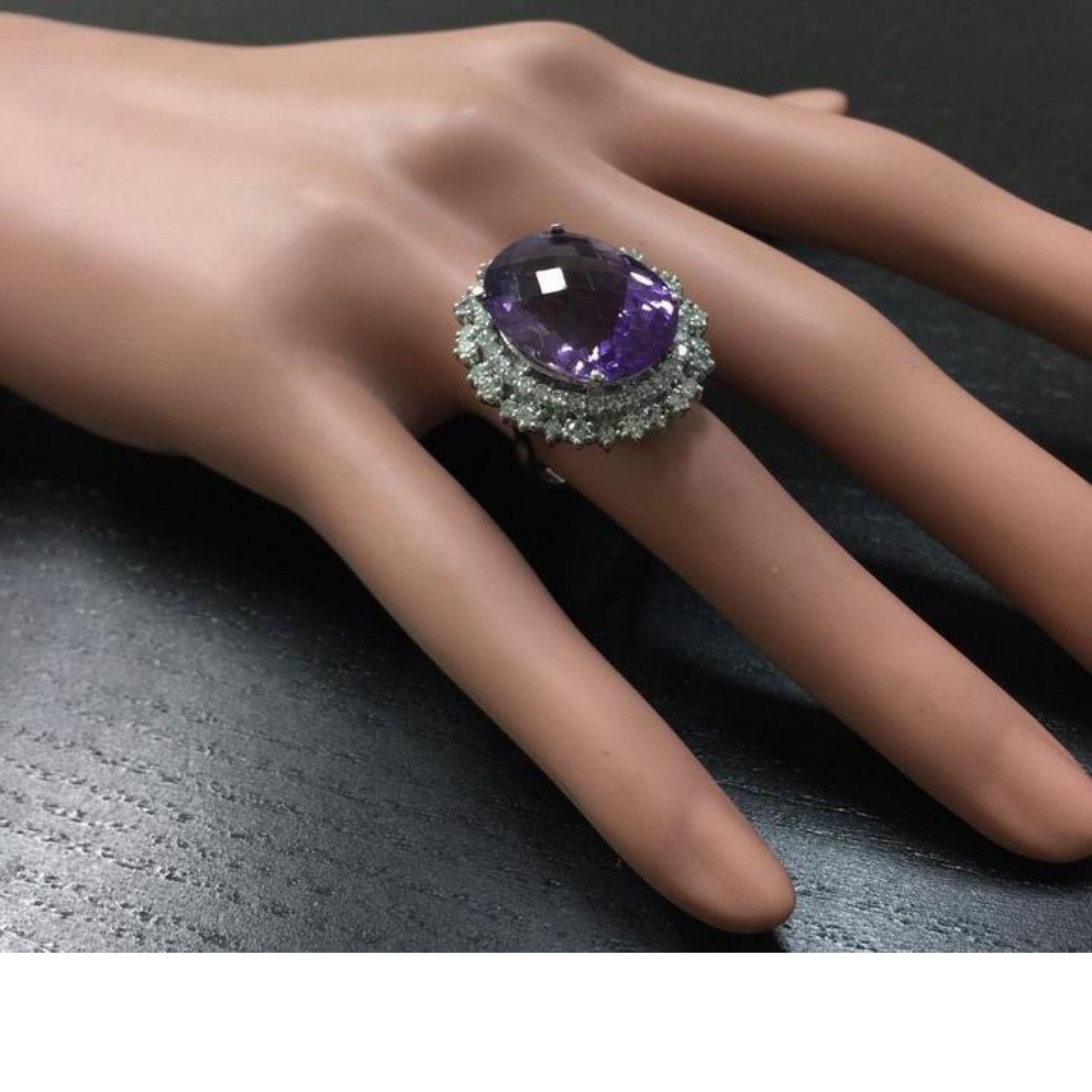 Women's 17.52 Carat Natural Amethyst and Diamond 14 Karat Solid White Gold Ring For Sale