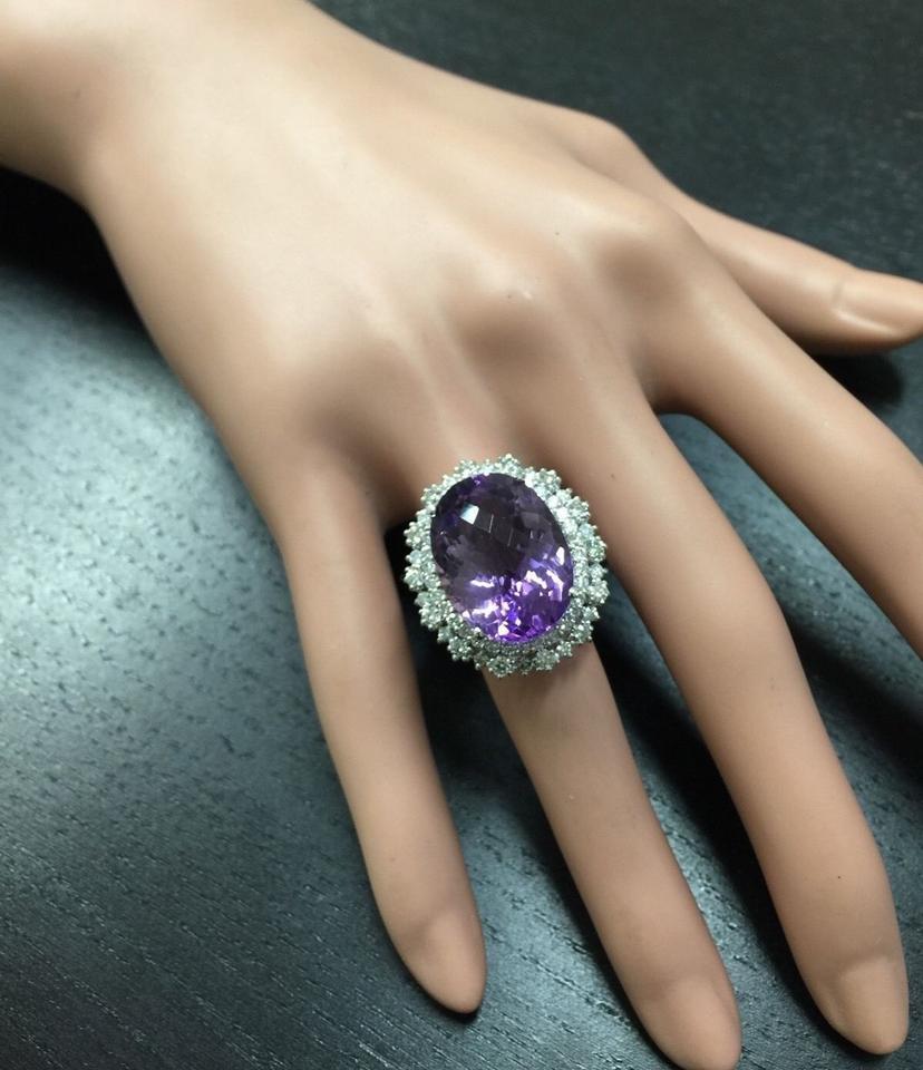 17.52 Carat Natural Amethyst and Diamond 14 Karat Solid White Gold Ring For Sale 1