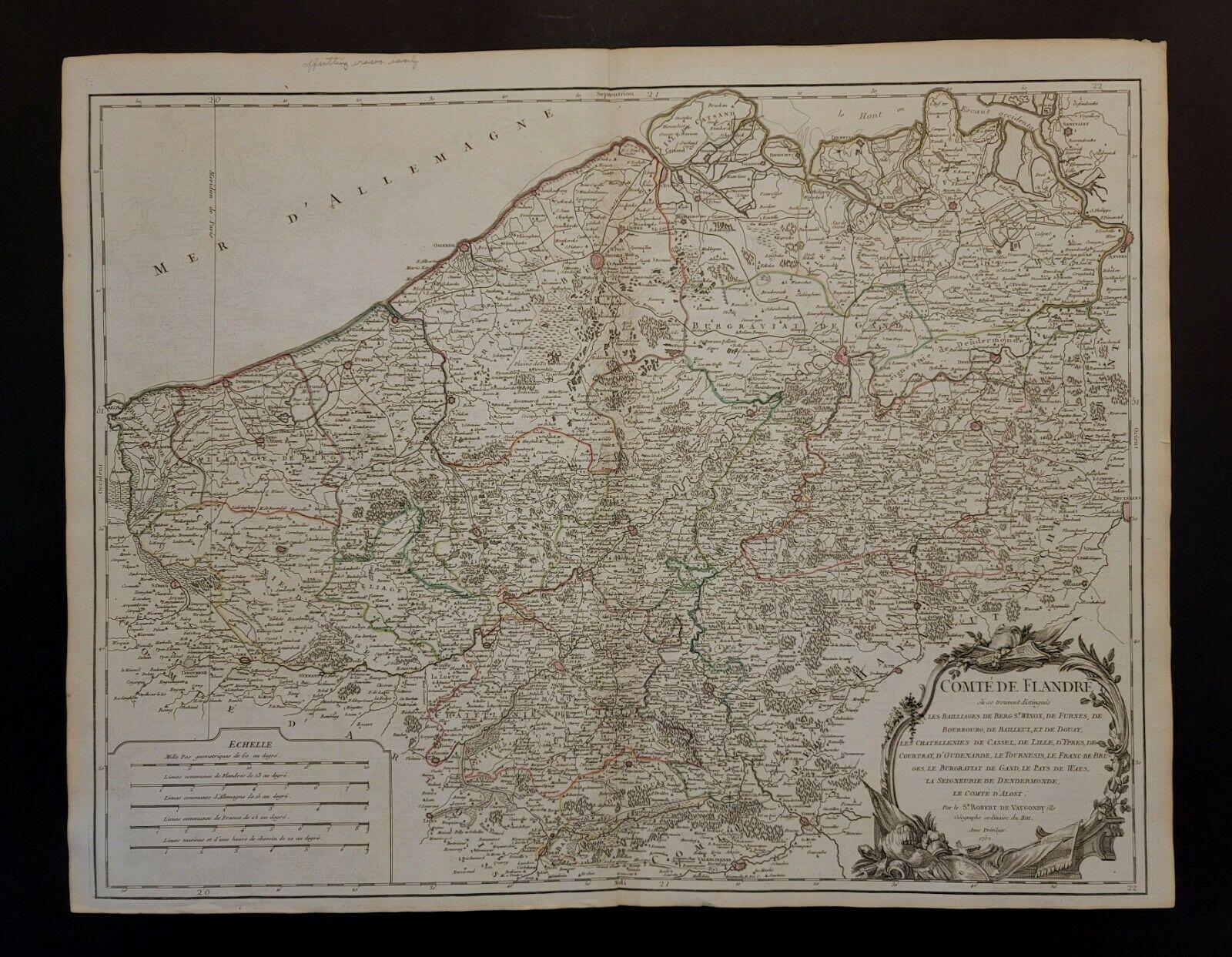 Grande carte des Flandres de Vaugoundy :
Belgique, France et Pays-Bas 
Coloré -1752 
Ric.a002

Description : Il s'agit d'une carte des Flandres de Didier Robert de Vaugondy de 1752. La carte représente la moitié nord de la Belgique, l'extrême