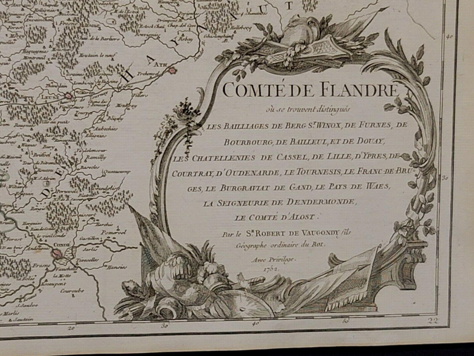 Peint 1752 Carte de Vaugoundy des Flandres : Belgique, France et Pays-Bas, Ric.a002 en vente
