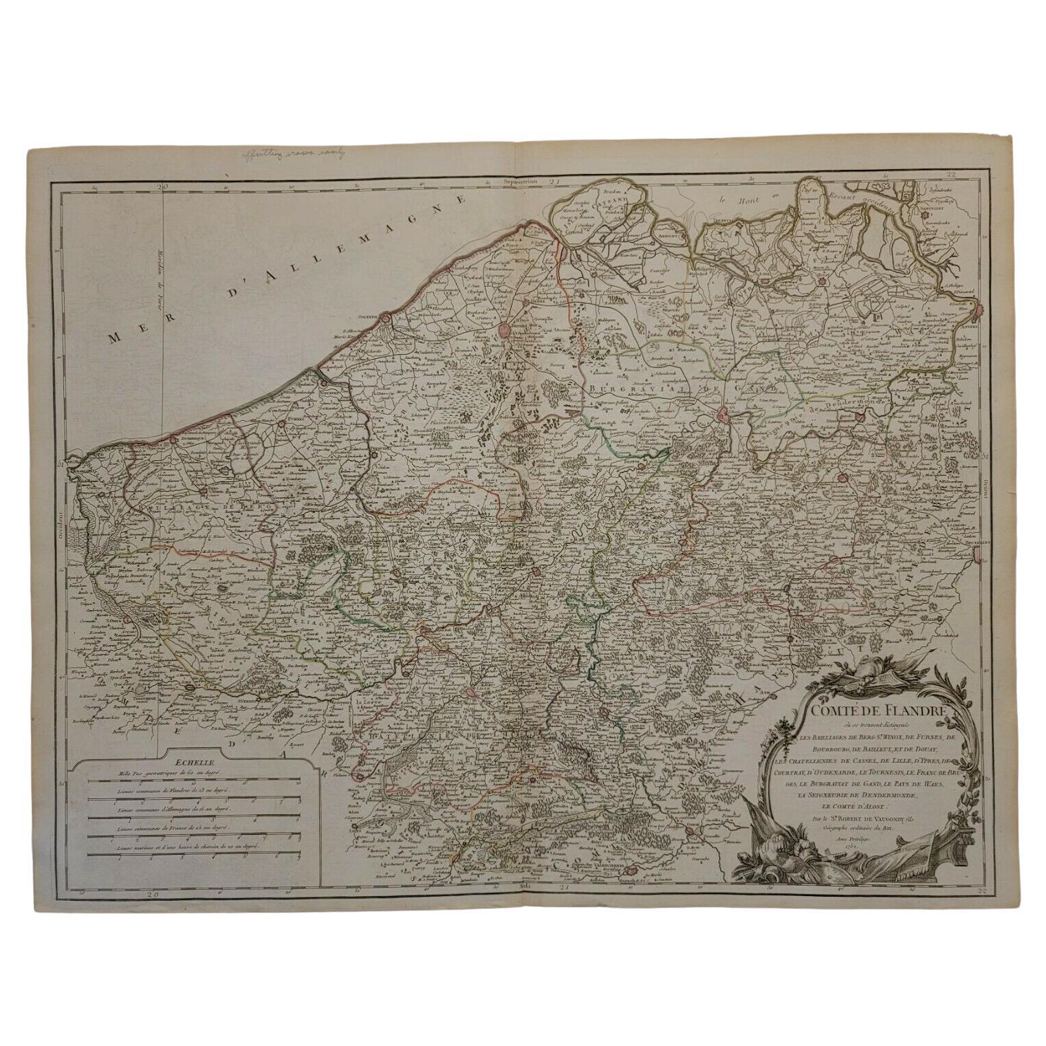 1752 Carte de Vaugoundy des Flandres : Belgique, France et Pays-Bas, Ric.a002 en vente