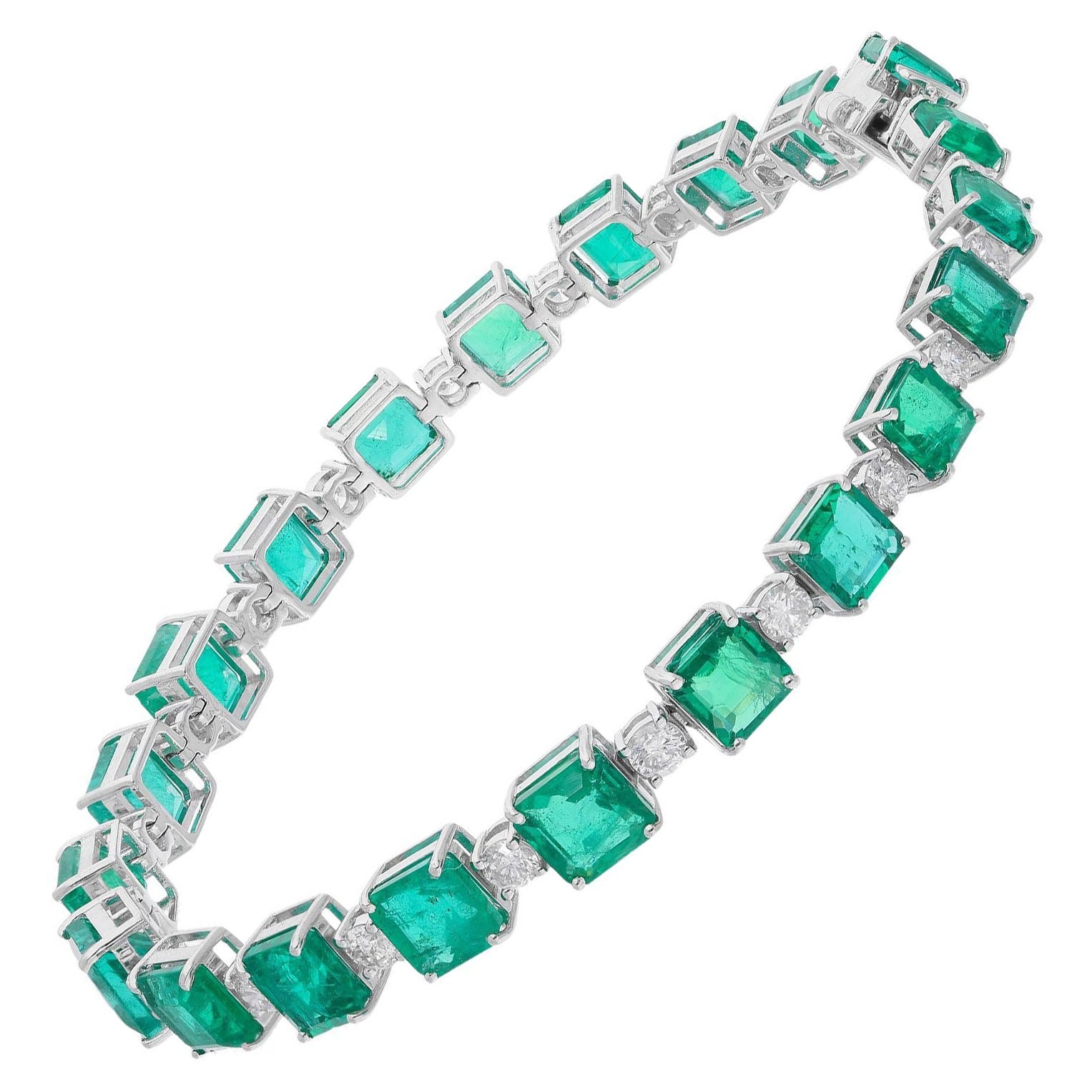 17,52 TQW Esmeralda octogonal de Zambia SI/H Diamante Pulsera de eslabones Fina de oro blanco de 18 quilates