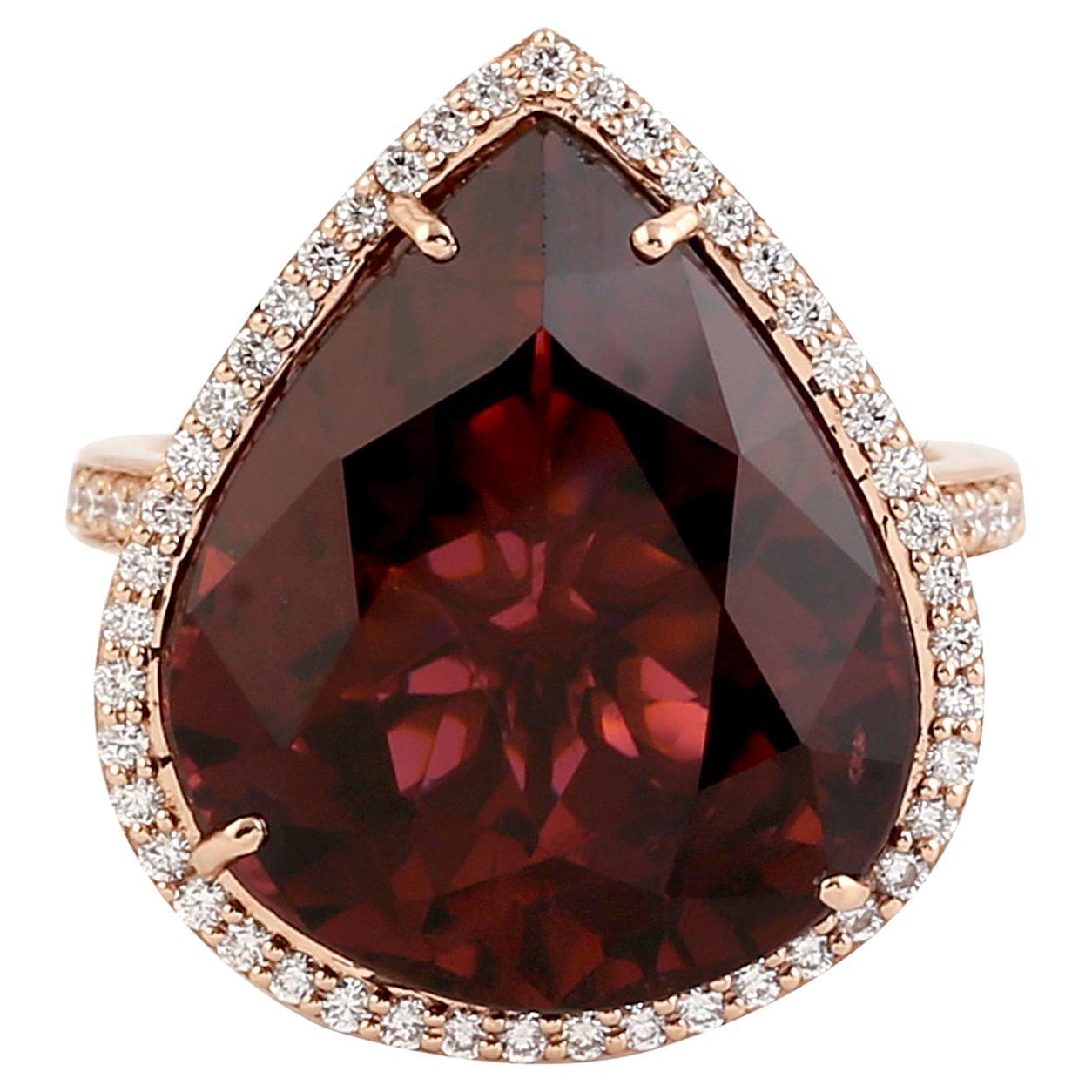17.56 ct Tear Drop Tourmaline Cocktail Ring w/ Pave Diamonds In 18K Rose Gold For Sale