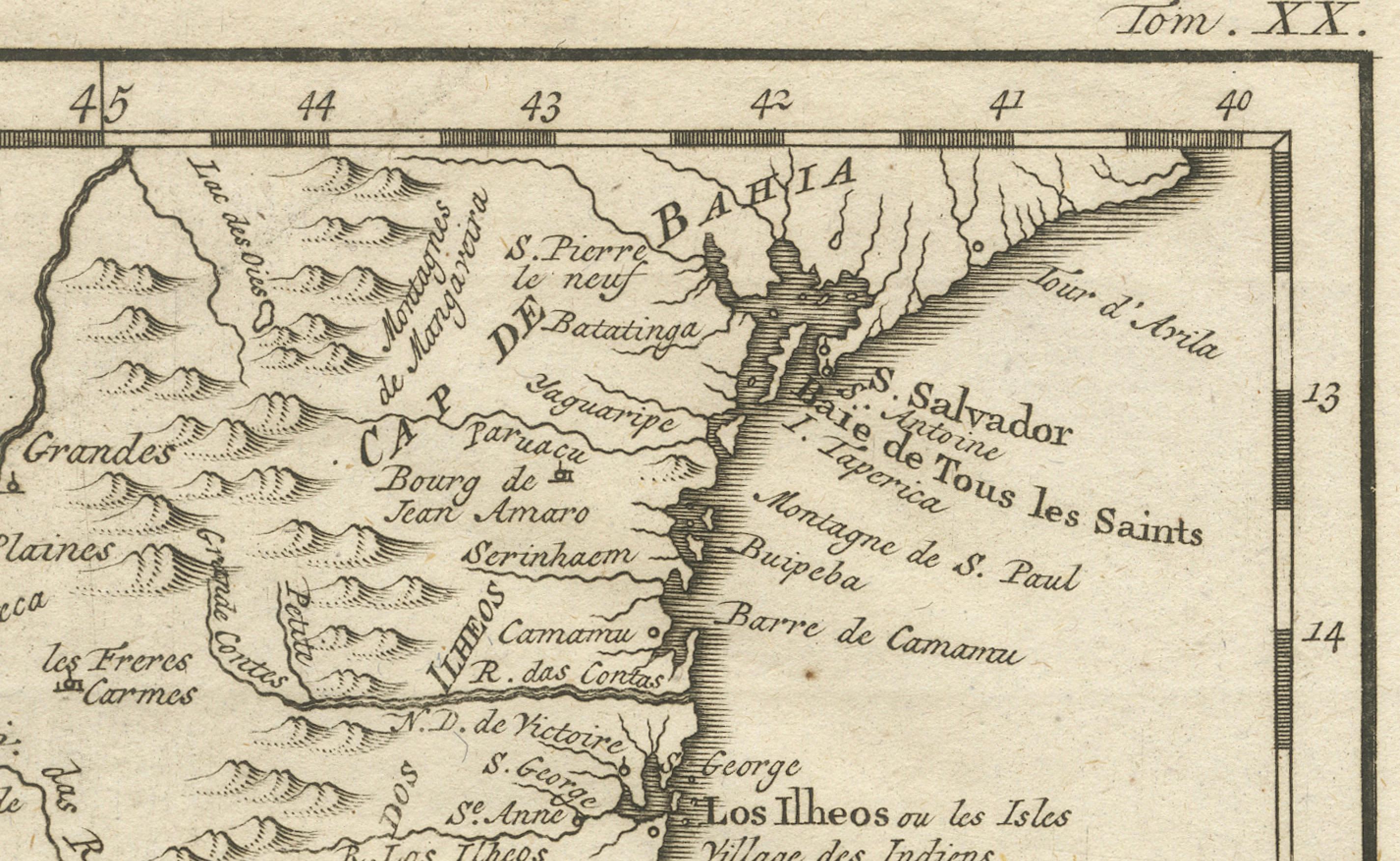 Metà XVIII secolo Mappa del 1756 del Brasile da Bahia a São Paulo di Bellin - Incisione Coloniale Francese in vendita