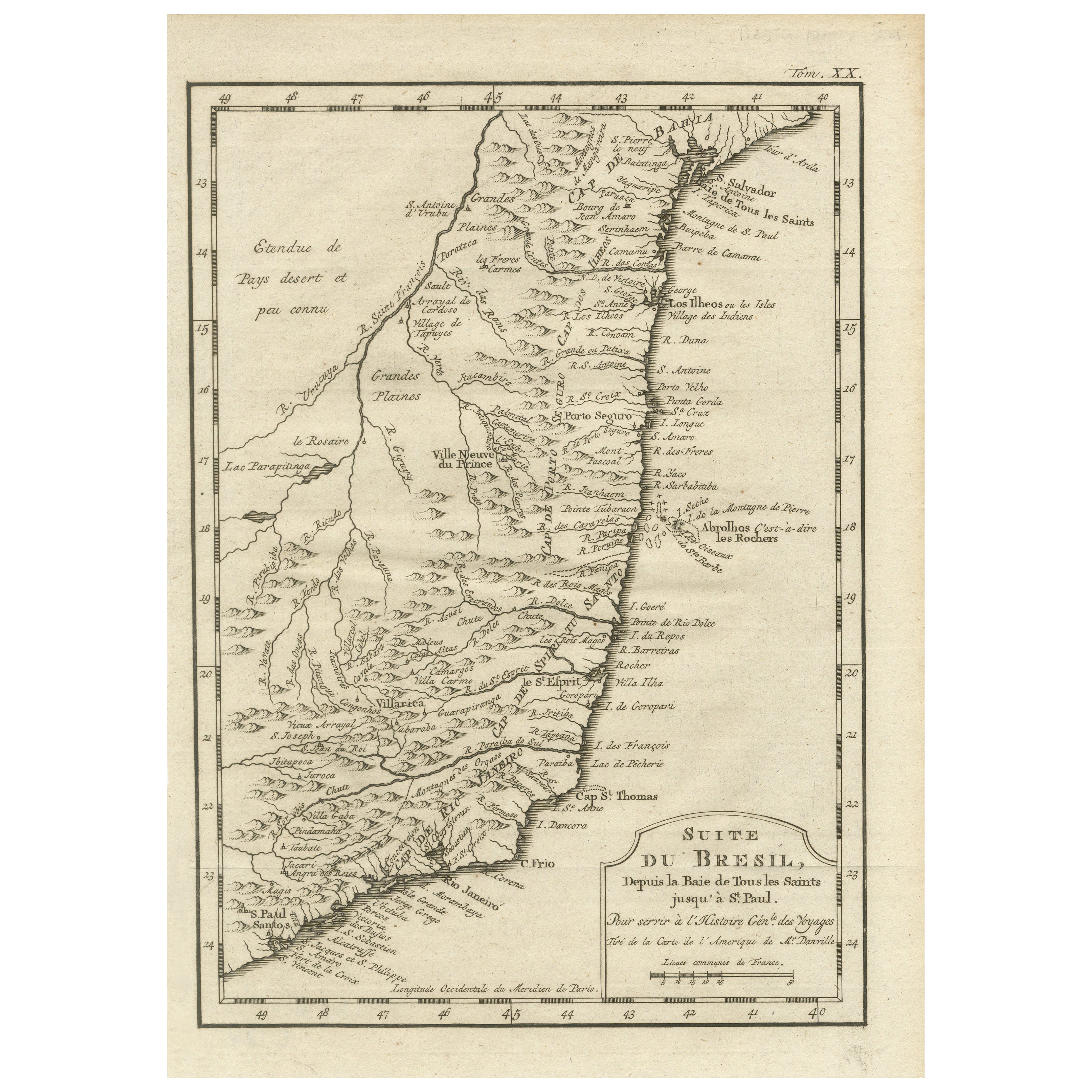 Mappa del 1756 del Brasile da Bahia a São Paulo di Bellin - Incisione Coloniale Francese