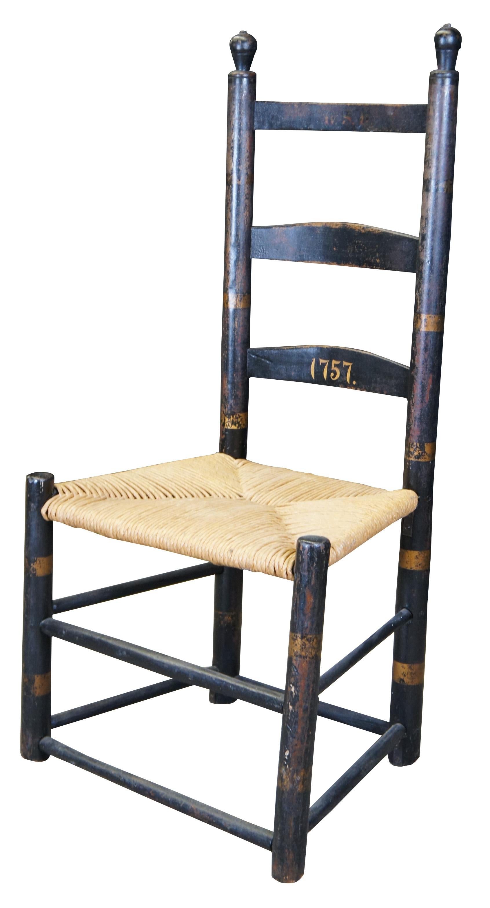Antique mid-18th century Shaker chair featuring painted accents with ladderback and rush seat. Circa 1757, American.
 