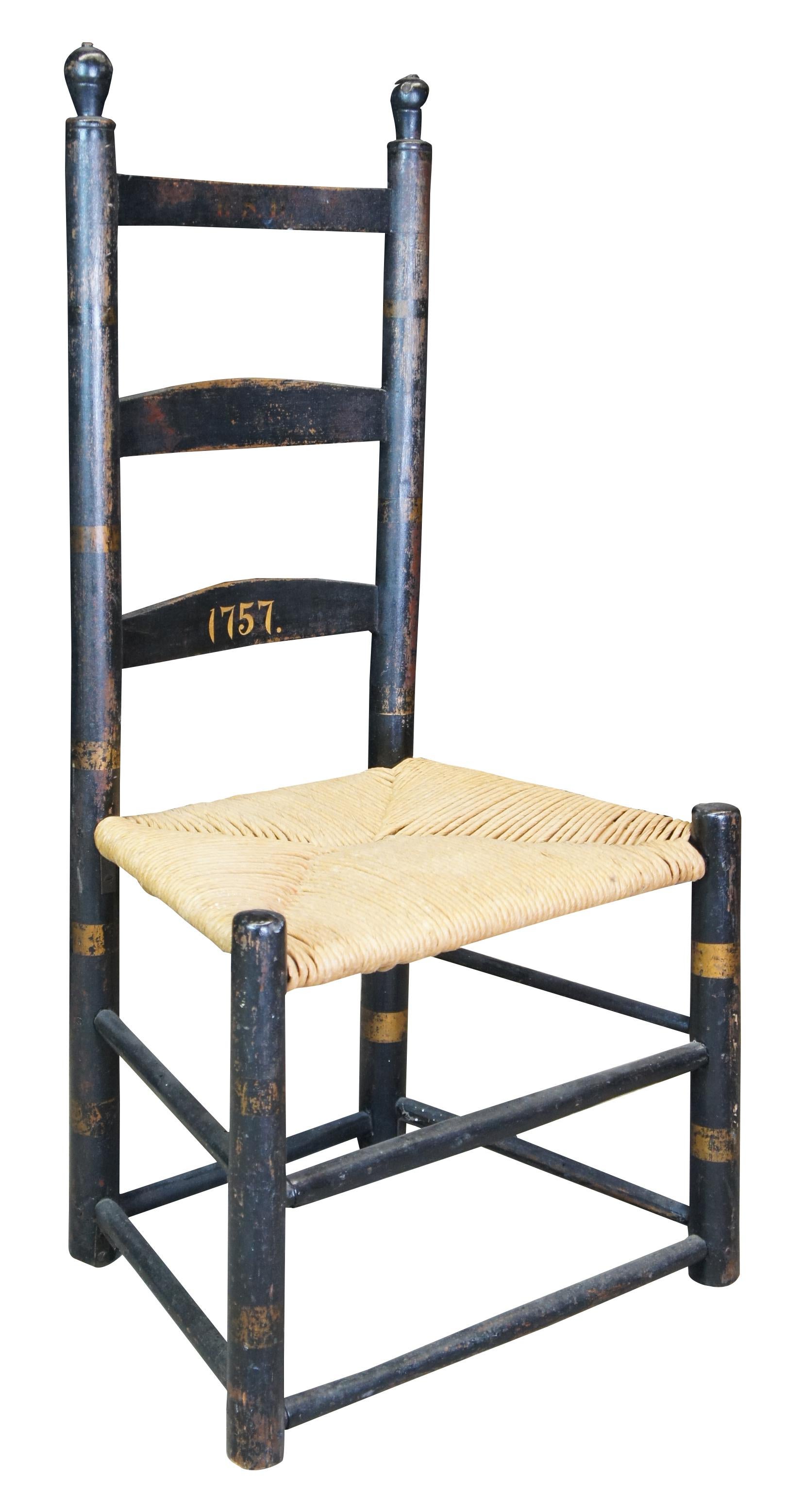 1757 Antique 18th Century Primitive Folk Art Ladderback Rush Shaker Chair  In Good Condition In Dayton, OH