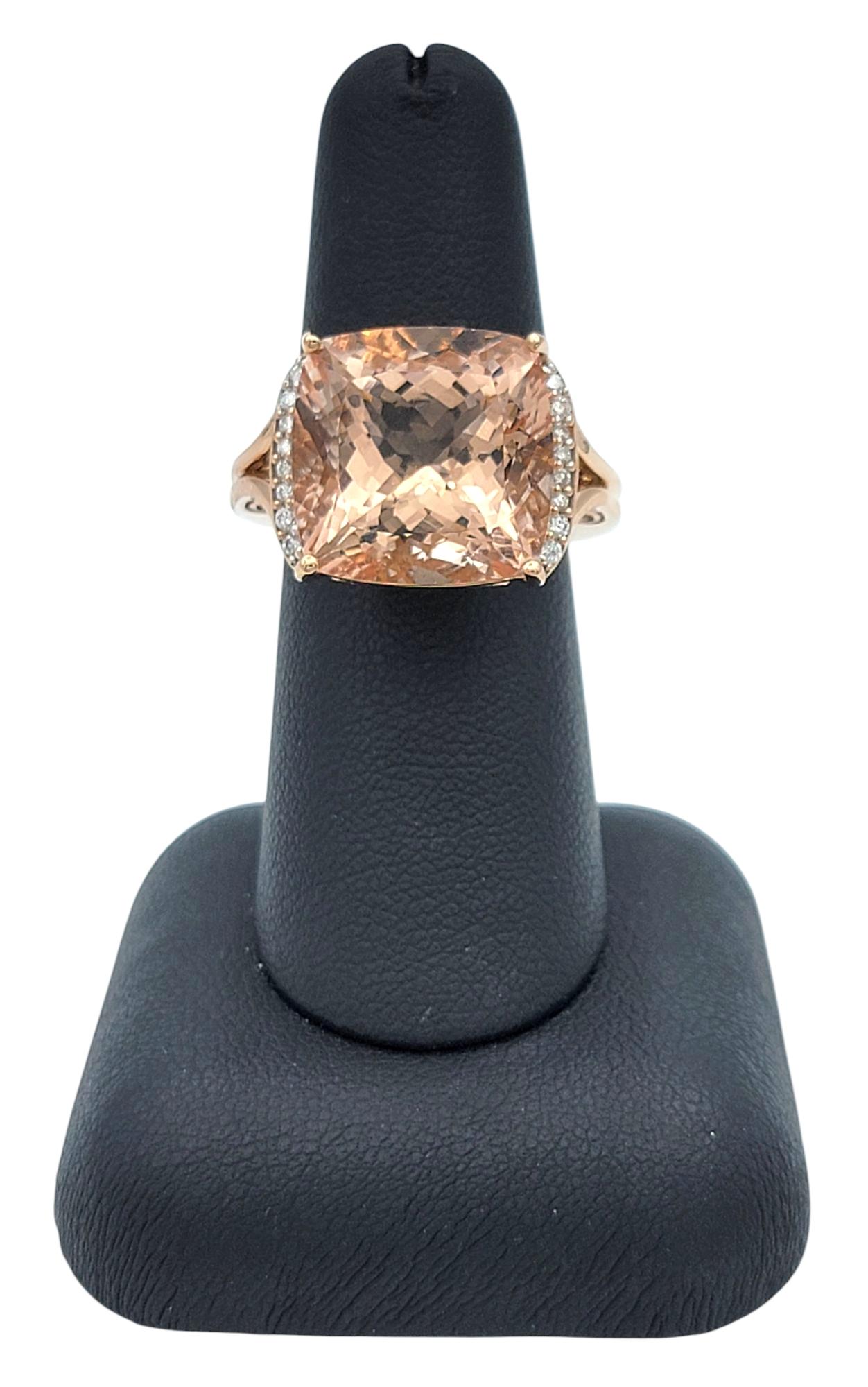 17.57 Carat Cushion Cut Morganite Cocktail Ring with Diamonds 14 Karat Rose Gold For Sale 5