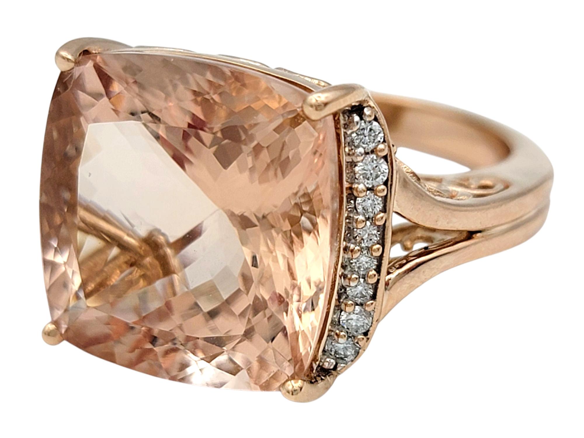 Contemporary 17.57 Carat Cushion Cut Morganite Cocktail Ring with Diamonds 14 Karat Rose Gold For Sale