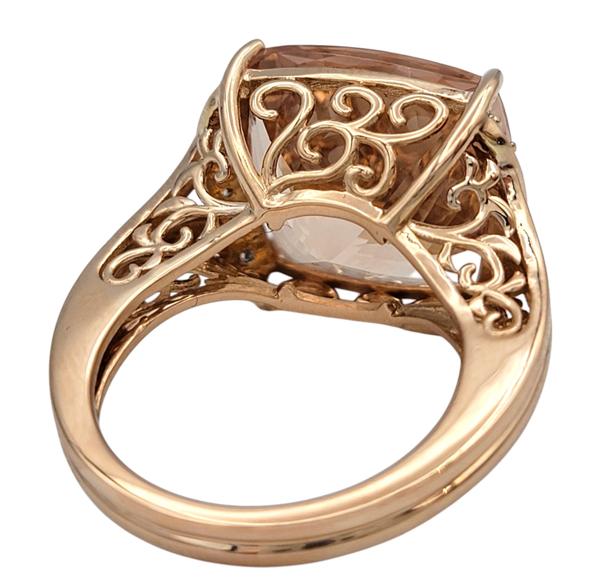 Women's 17.57 Carat Cushion Cut Morganite Cocktail Ring with Diamonds 14 Karat Rose Gold For Sale
