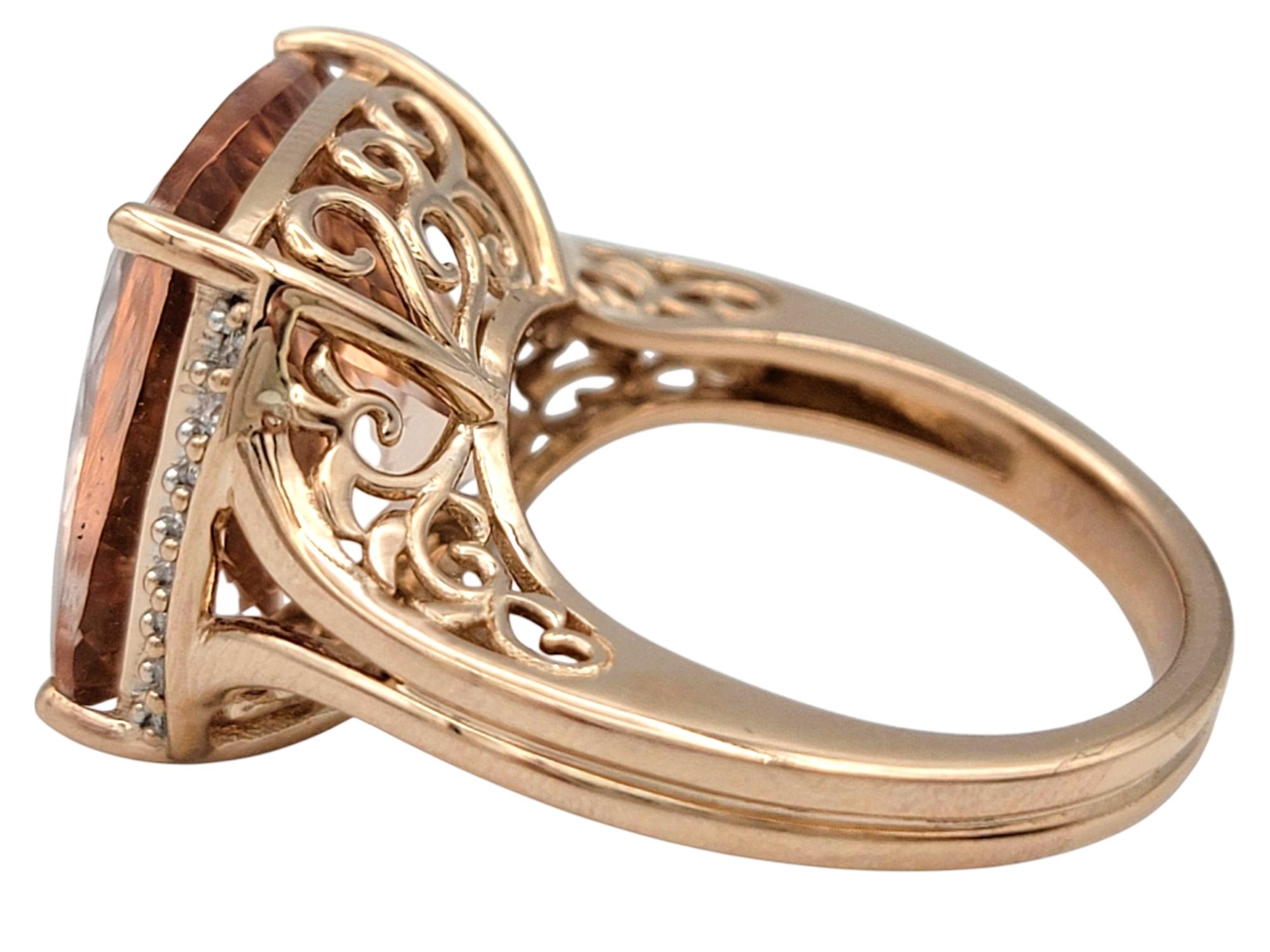 17.57 Carat Cushion Cut Morganite Cocktail Ring with Diamonds 14 Karat Rose Gold For Sale 1