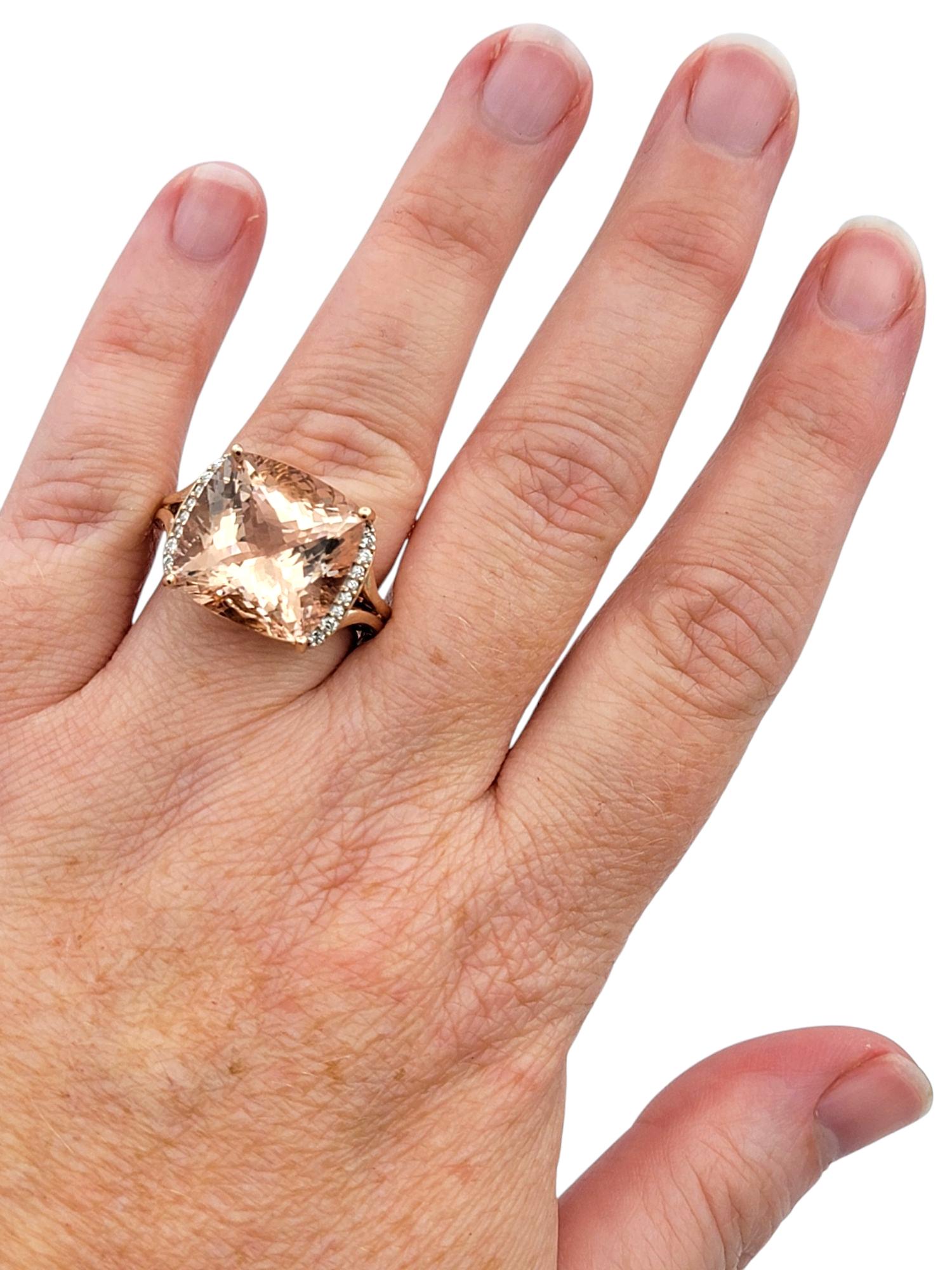 17.57 Carat Cushion Cut Morganite Cocktail Ring with Diamonds 14 Karat Rose Gold For Sale 3