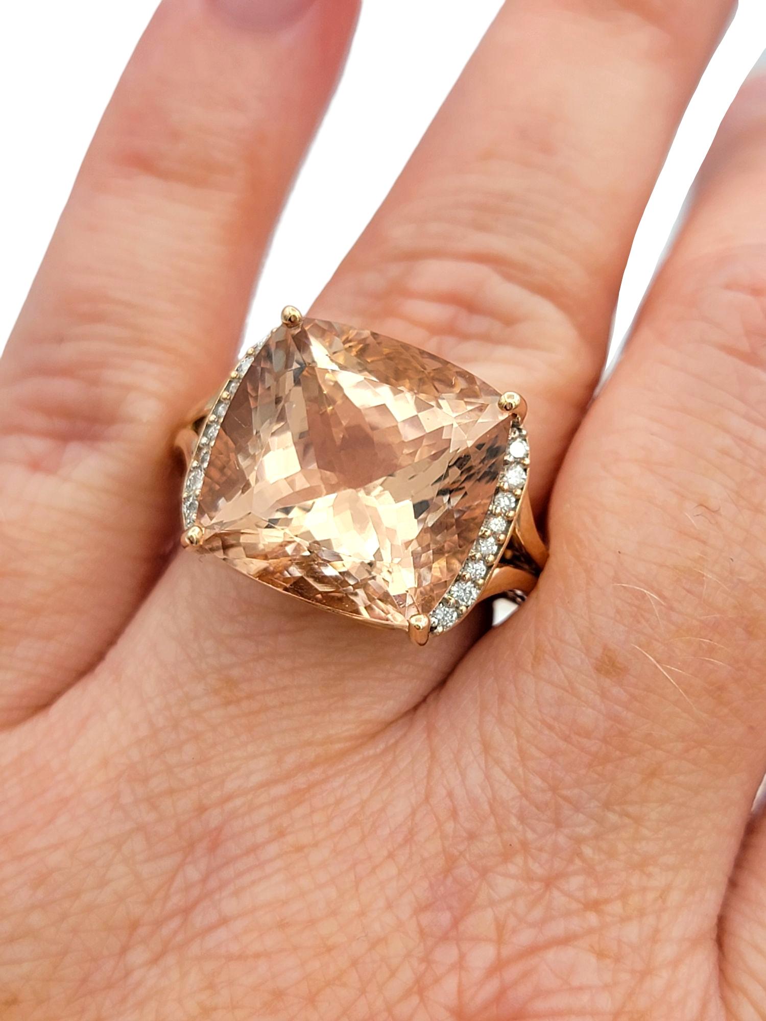17.57 Carat Cushion Cut Morganite Cocktail Ring with Diamonds 14 Karat Rose Gold For Sale 4