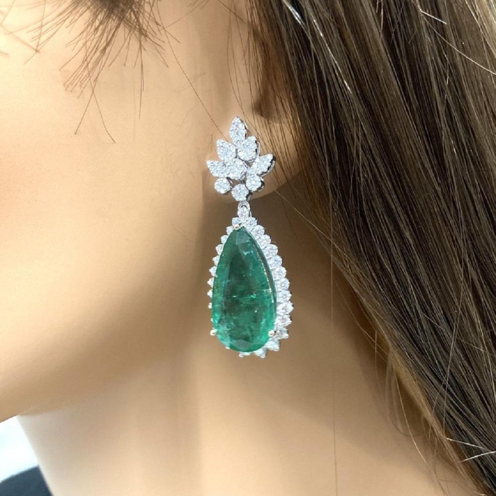 Pear Cut 17.57 Carat Pear Shape Green Emerald Fashion Earrings In 18k White Gold For Sale