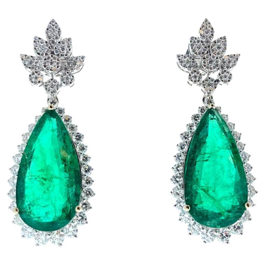 17.57 Carat Pear Shape Green Emerald Fashion Earrings In 18k White Gold For Sale
