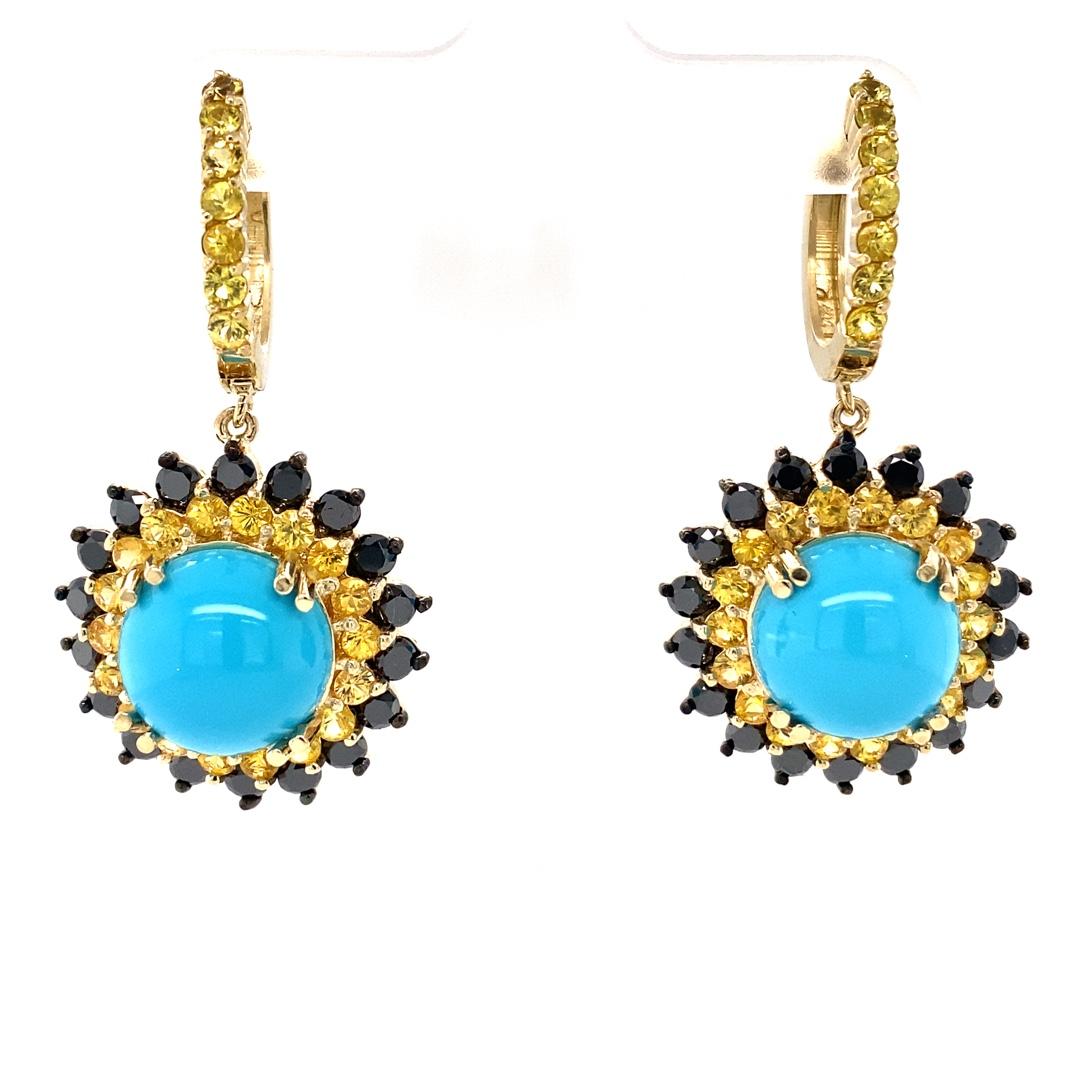 Contemporary 17.57 Carat Round Cut Turquoise Sapphire Black Diamond Yellow Gold Drop Earrings For Sale