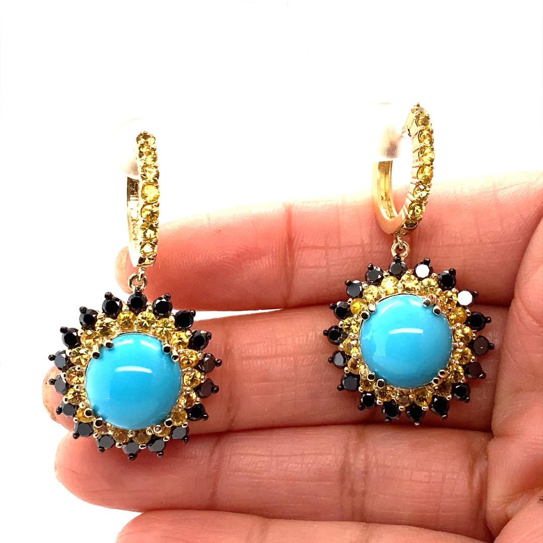 17.57 Carat Round Cut Turquoise Sapphire Black Diamond Yellow Gold Drop Earrings In New Condition For Sale In Los Angeles, CA