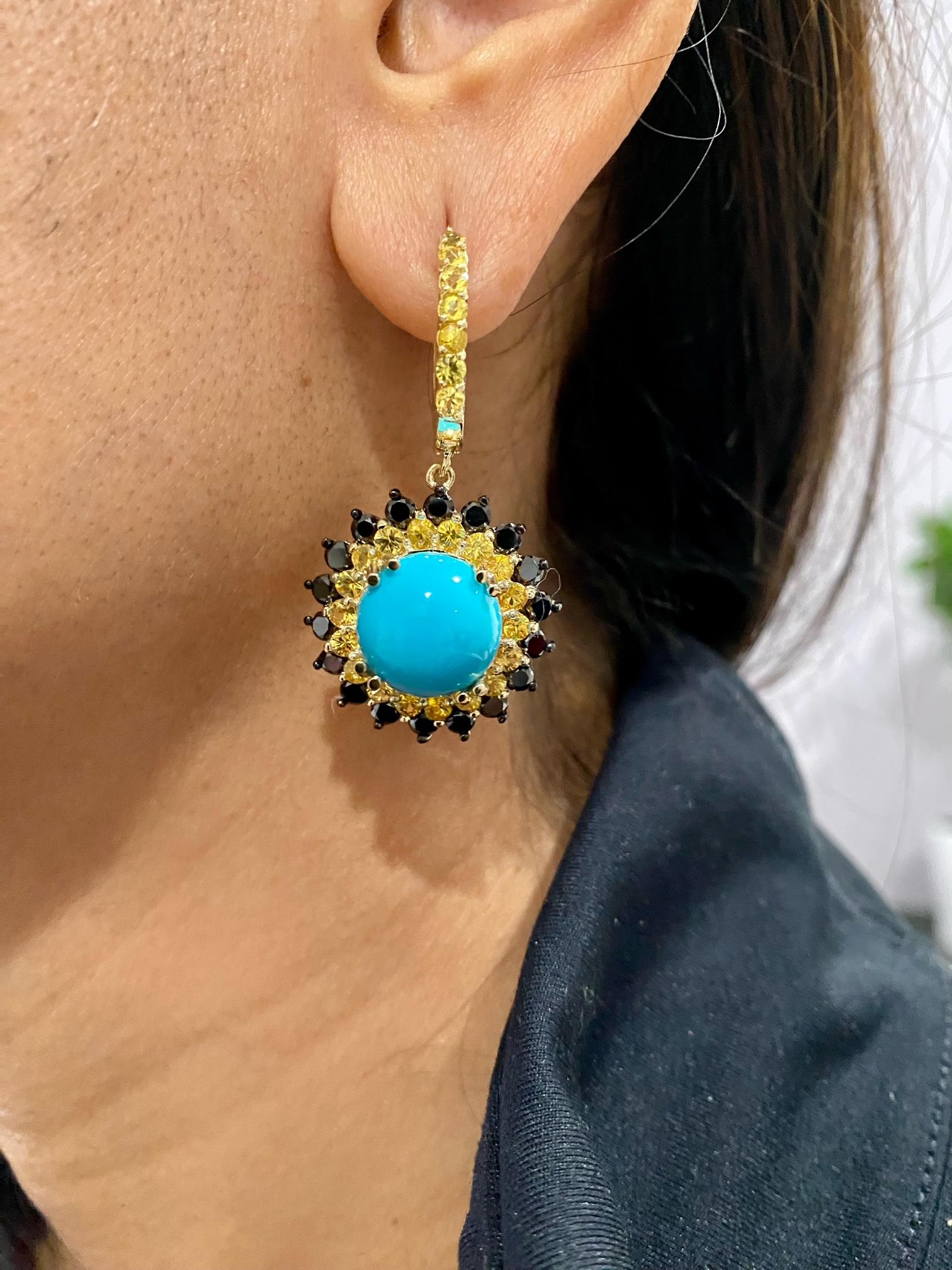 17.57 Carat Round Cut Turquoise Sapphire Black Diamond Yellow Gold Drop Earrings For Sale 2