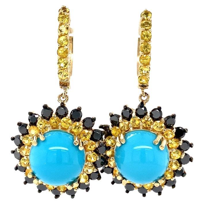 17.57 Carat Round Cut Turquoise Sapphire Black Diamond Yellow Gold Drop Earrings For Sale