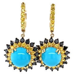 17.57 Carat Round Cut Turquoise Sapphire Black Diamond Yellow Gold Drop Earrings