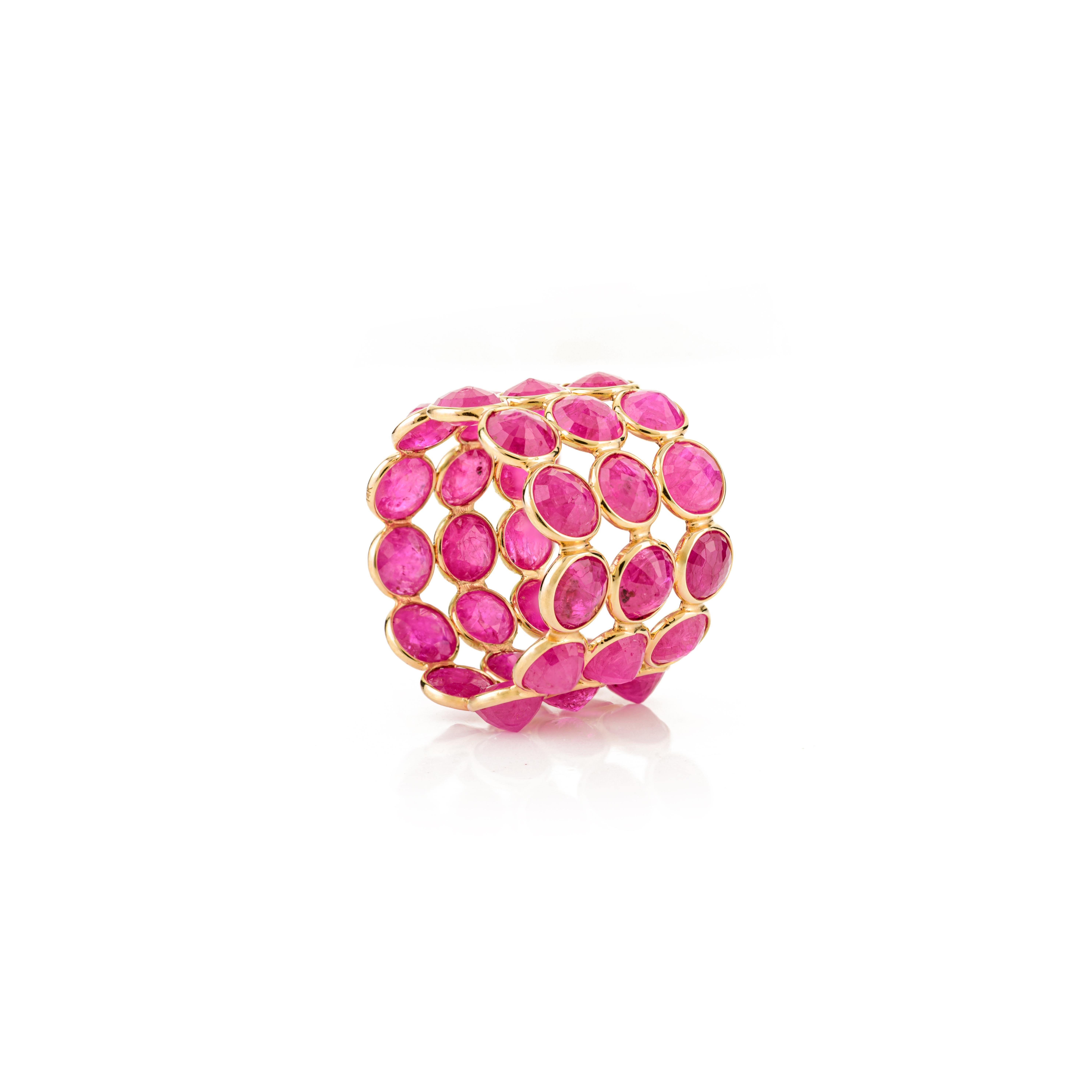 En vente :  17.57 CTW Rubis Naturel Triple Row Bague d'Eternité en or jaune 14kt 5