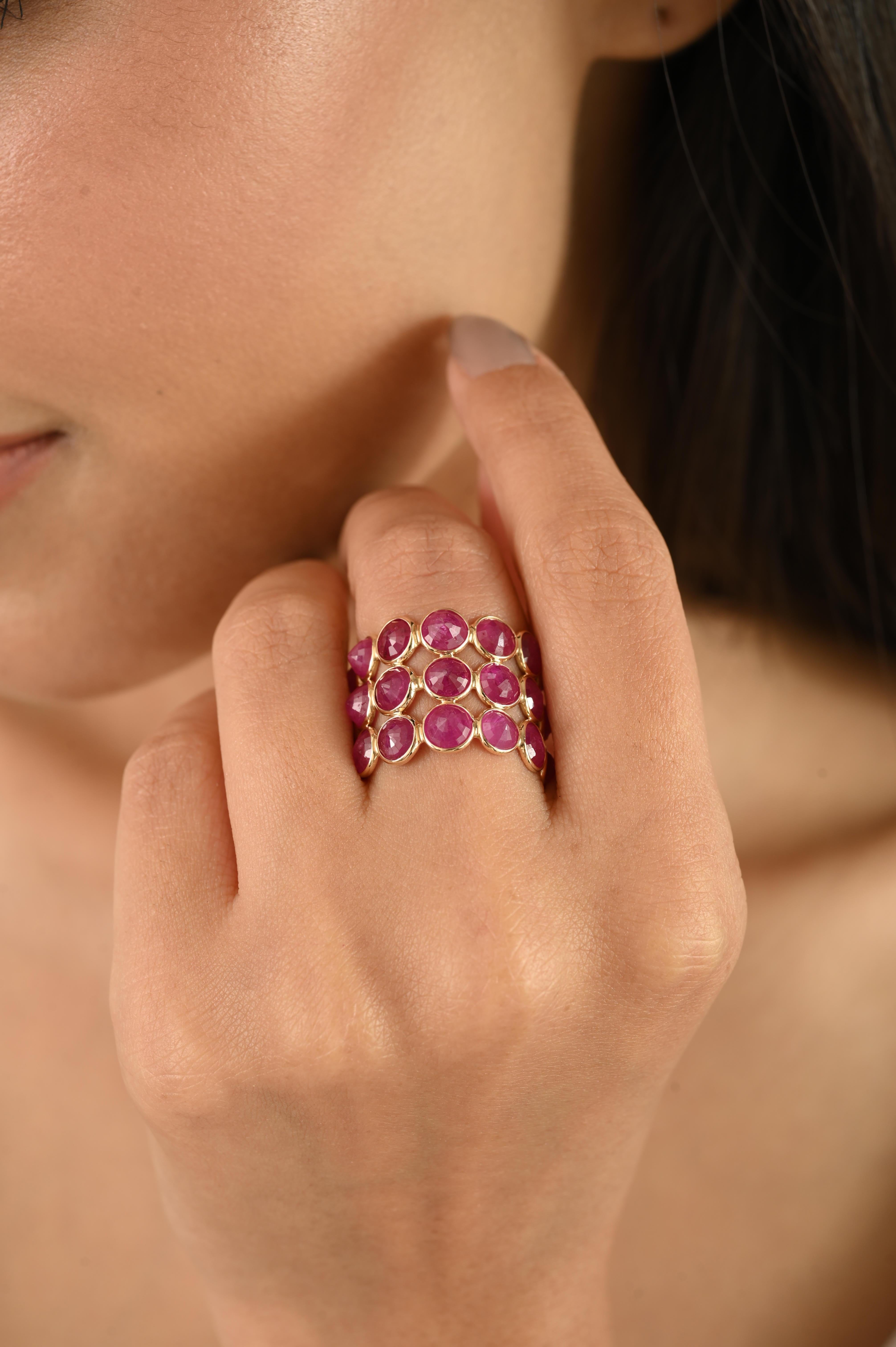 En vente :  17.57 CTW Rubis Naturel Triple Row Bague d'Eternité en or jaune 14kt 6