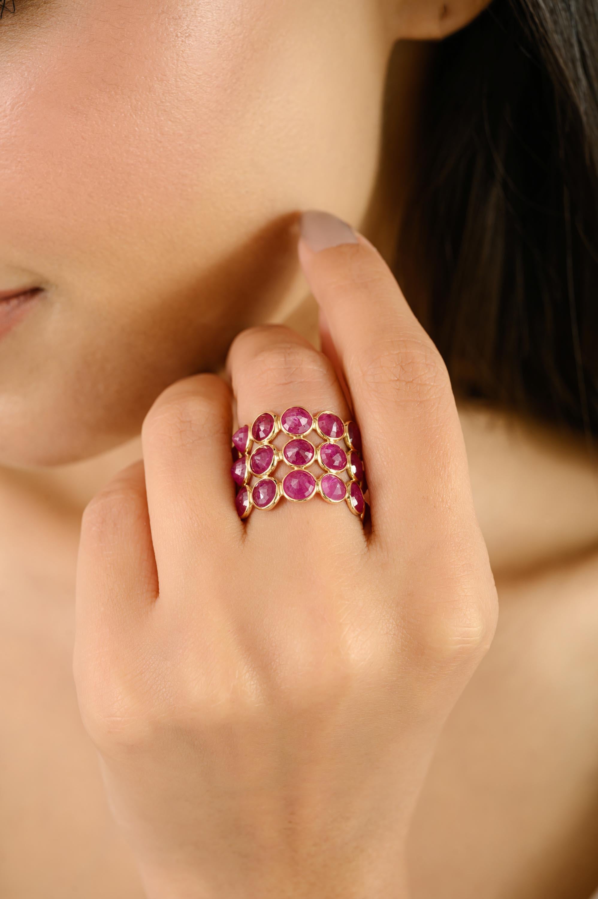En vente :  17.57 CTW Rubis Naturel Triple Row Bague d'Eternité en or jaune 14kt 6