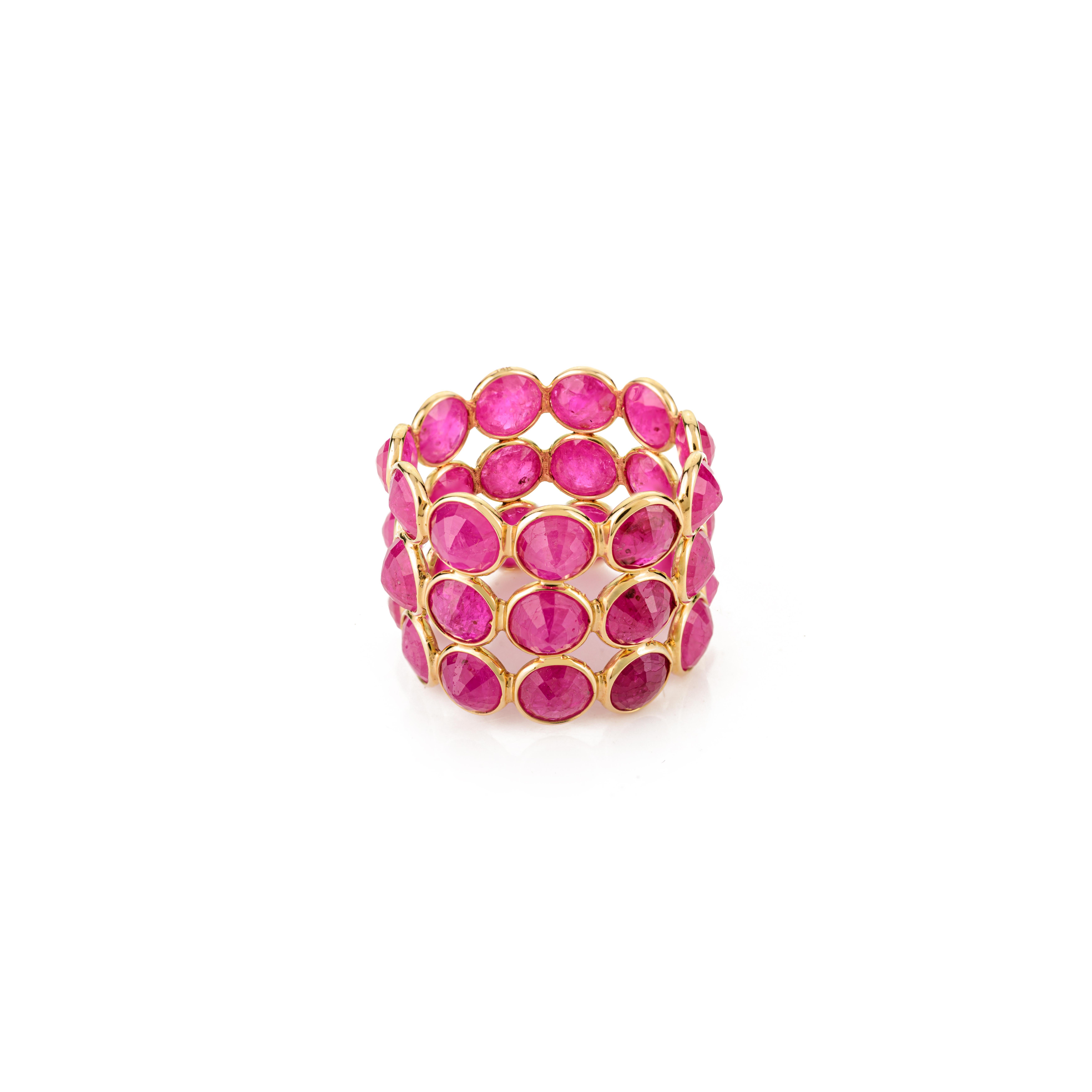 En vente :  17.57 CTW Rubis Naturel Triple Row Bague d'Eternité en or jaune 14kt 7