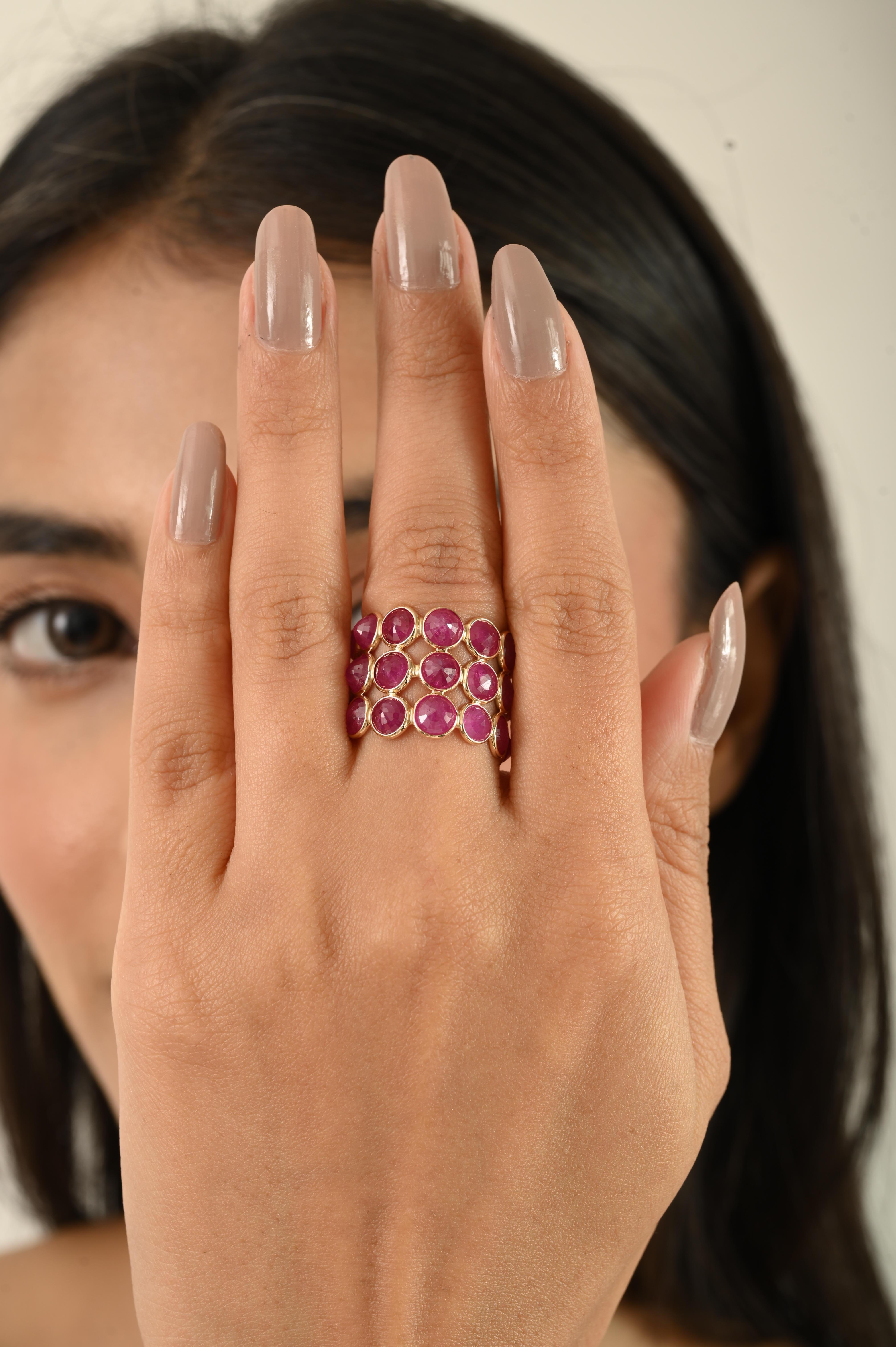 En vente :  17.57 CTW Rubis Naturel Triple Row Bague d'Eternité en or jaune 14kt 8