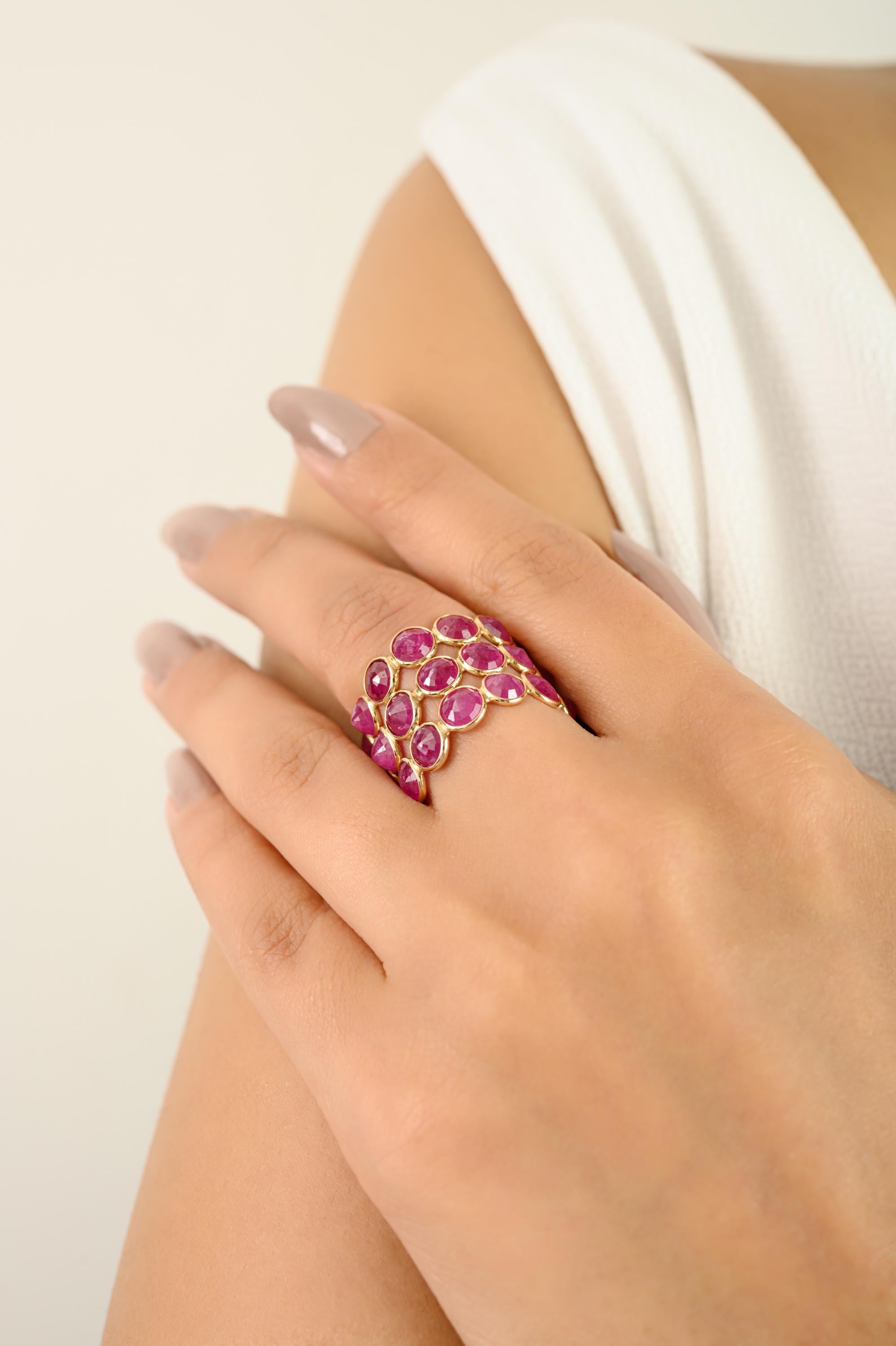 En vente :  17.57 CTW Rubis Naturel Triple Row Bague d'Eternité en or jaune 14kt 8