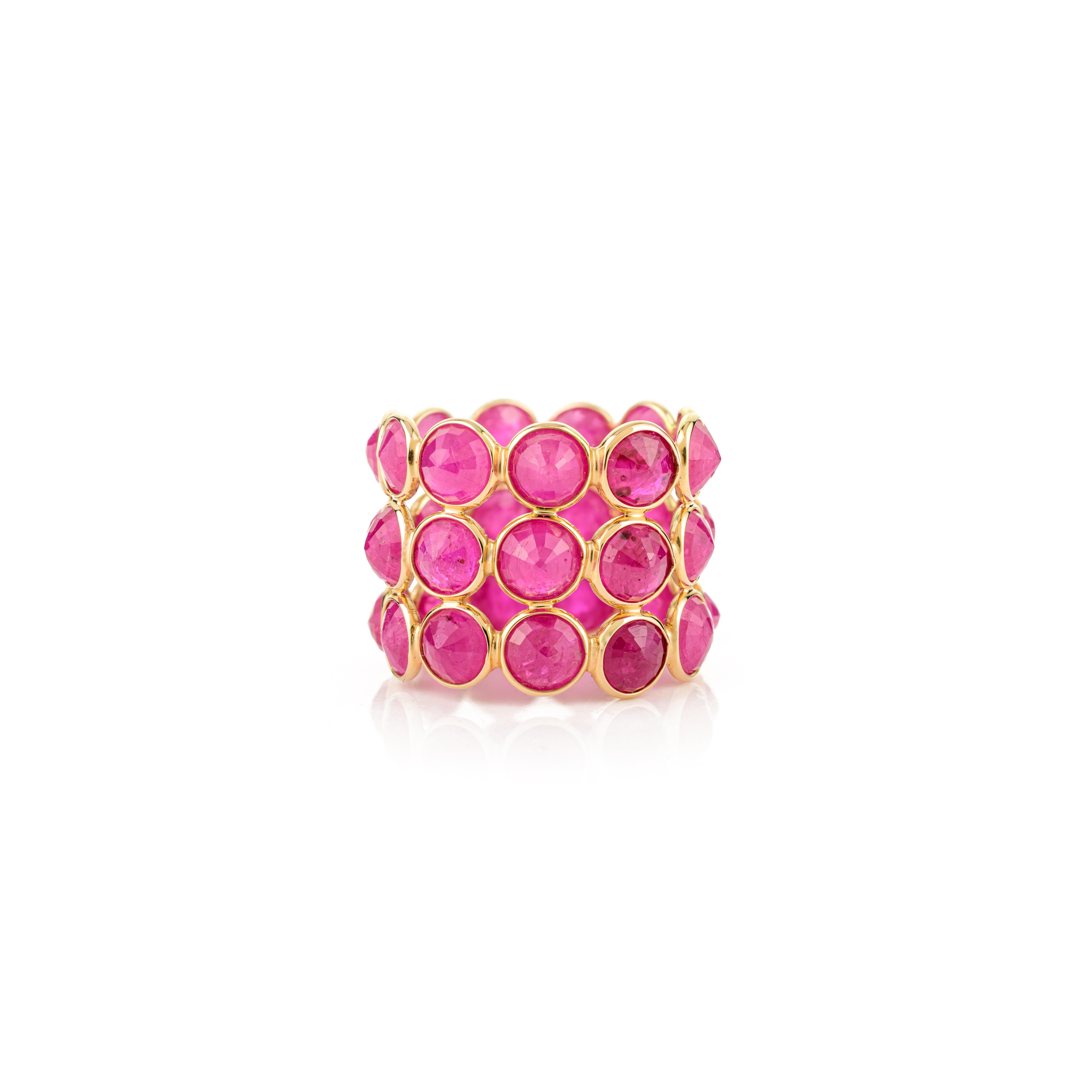 En vente :  17.57 CTW Rubis Naturel Triple Row Bague d'Eternité en or jaune 14kt 9