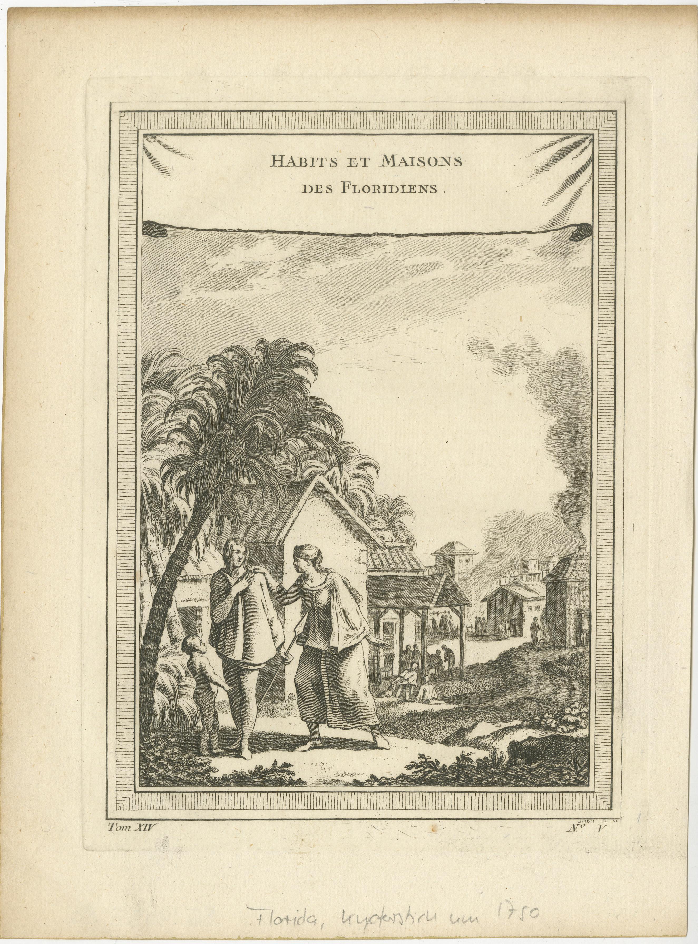 Title: 1757 Engraving of Florida Natives – Indigenous Clothing & Village Scene  

Description:  This striking 1757 antique copperplate engraving, 'Habits et Maisons des Floridiens', presents a rare depiction of Indigenous life in Florida as seen