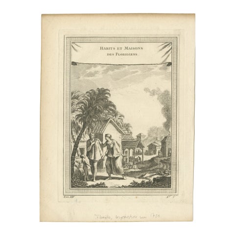 1757 Engraving of Florida Natives, Indigenous Clothing & Village Scene