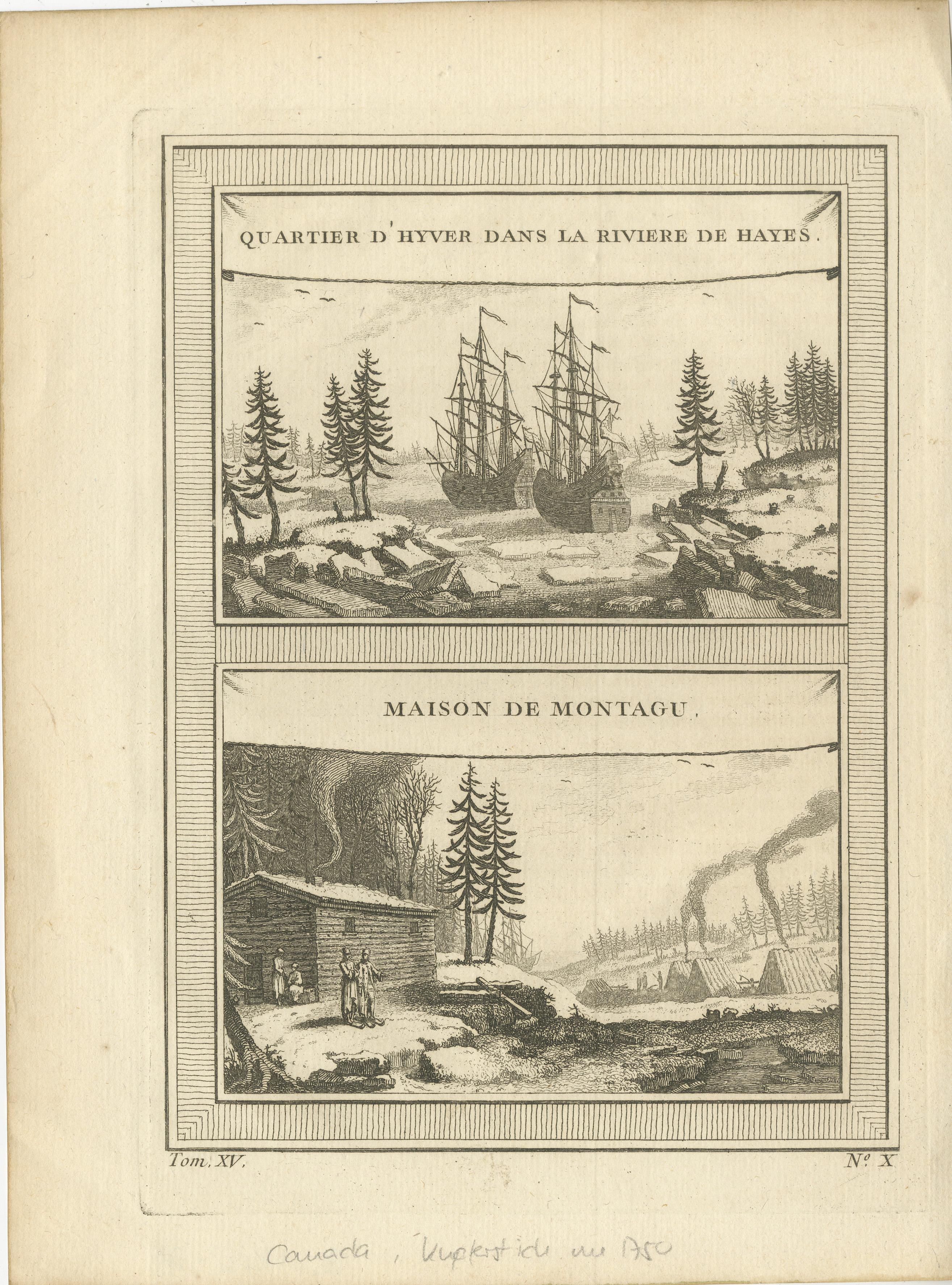 Título: Grabado de 1757 de la bahía de Hudson - campamento de invierno y cabaña de los primeros colonos  

Descripción:  
Este grabado antiguo en plancha de cobre de 1757, raro e históricamente significativo, presenta dos escenas convincentes que