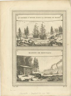 1757 Engraving of Hudson Bay – Winter Encampment & Early Settler Cabin
