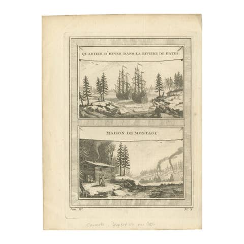 1757 Engraving of Hudson Bay – Winter Encampment & Early Settler Cabin