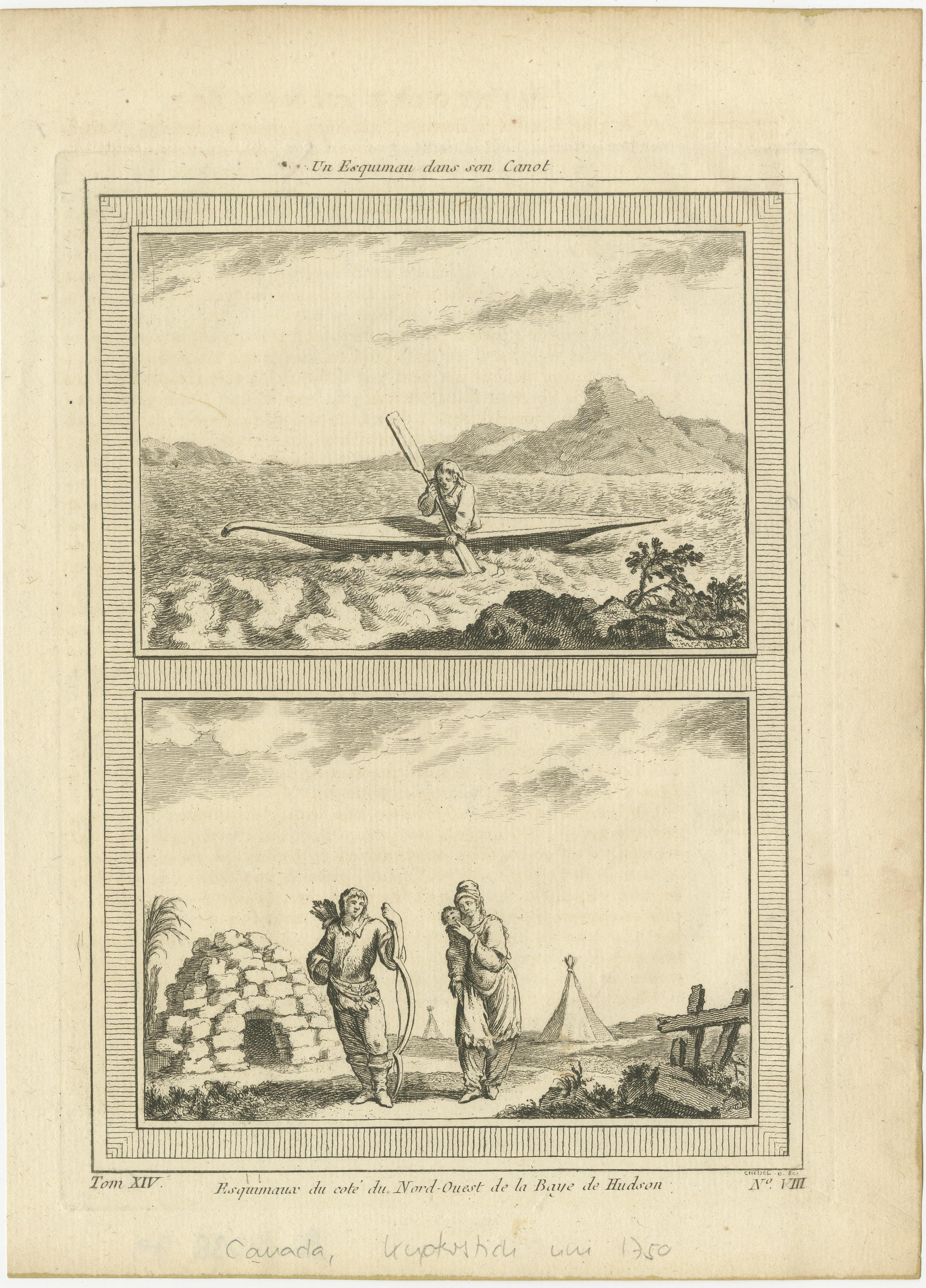 Título: Grabado de 1757 de inuit y pueblos indígenas - Bahía de Hudson y escena ártica en canoa  

Descripción:  Este raro grabado antiguo en plancha de cobre de 1757 presenta dos escenas fascinantes que representan la vida indígena en el Canadá