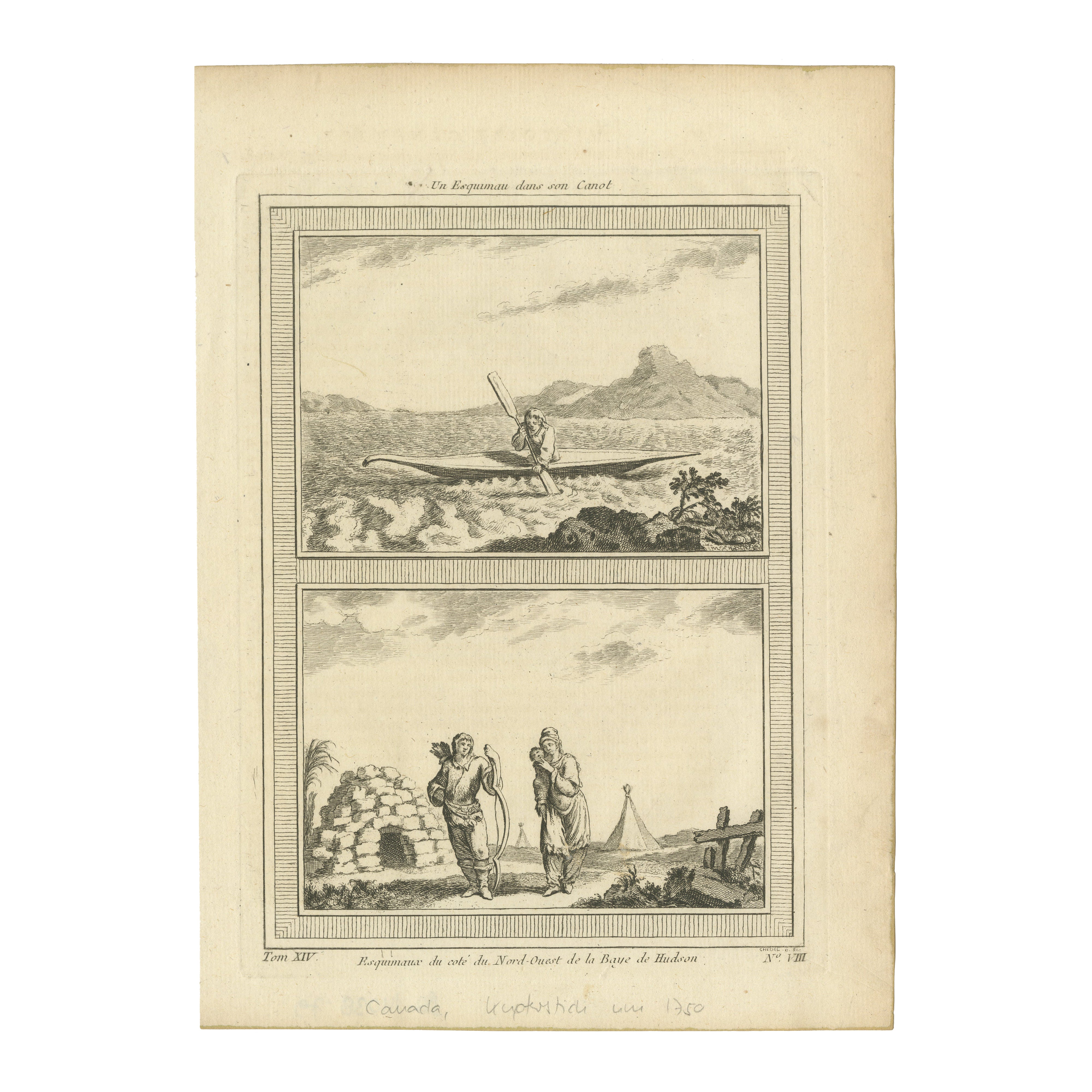 1757 Engraving of Inuit & Indigenous Peoples – Hudson Bay & Arctic Canoe Scene
