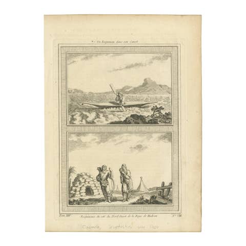 1757 Engraving of Inuit & Indigenous Peoples – Hudson Bay & Arctic Canoe Scene