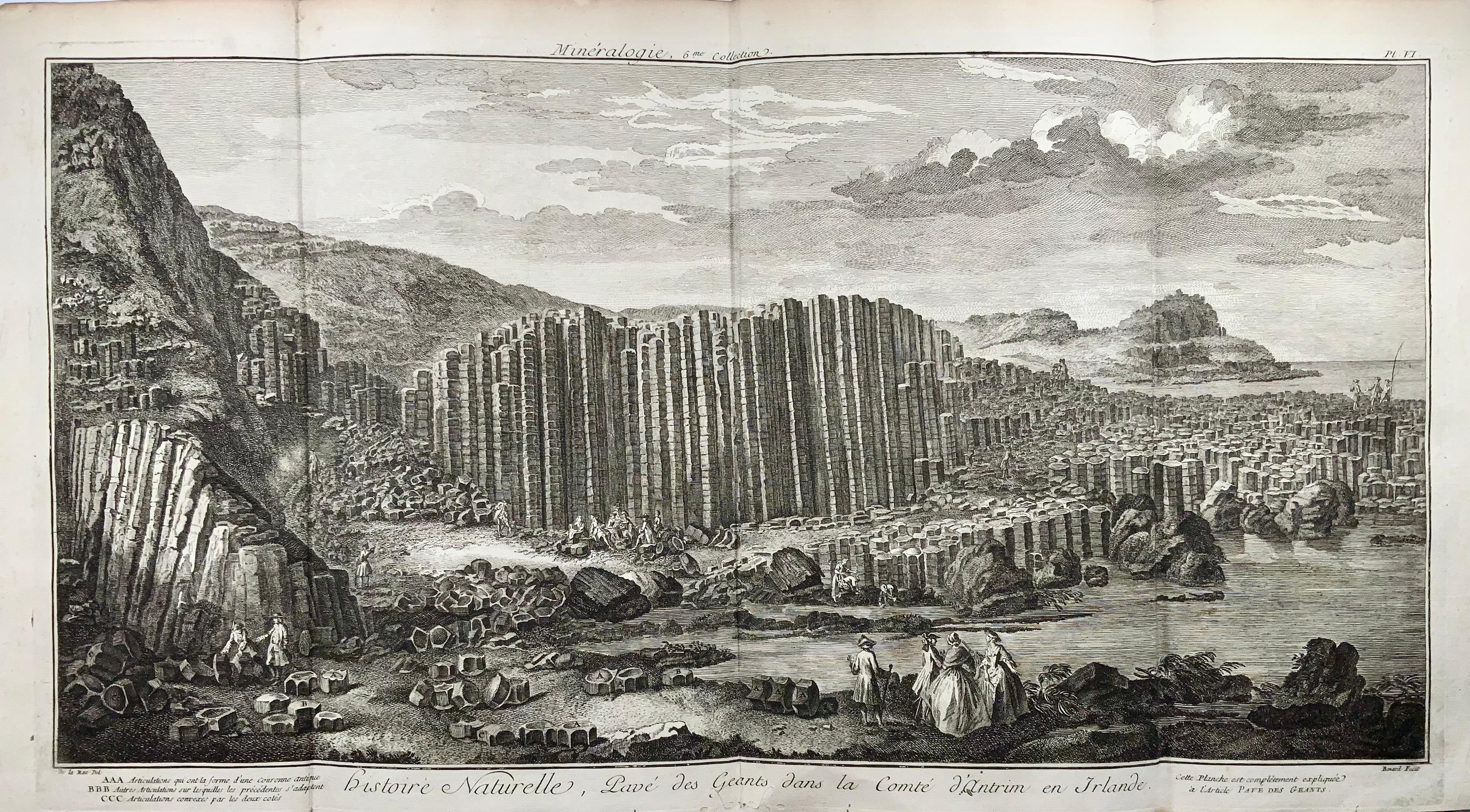 Engraved by Benard after de la Rue.

Giant's Causeway. 1. Giant's Causeway in County Antrim in Ireland. AAA. Articulations in the shape of an old crown. BBB. Other articulations on which contiguous ones fit. CCC. Articulations that are convex on