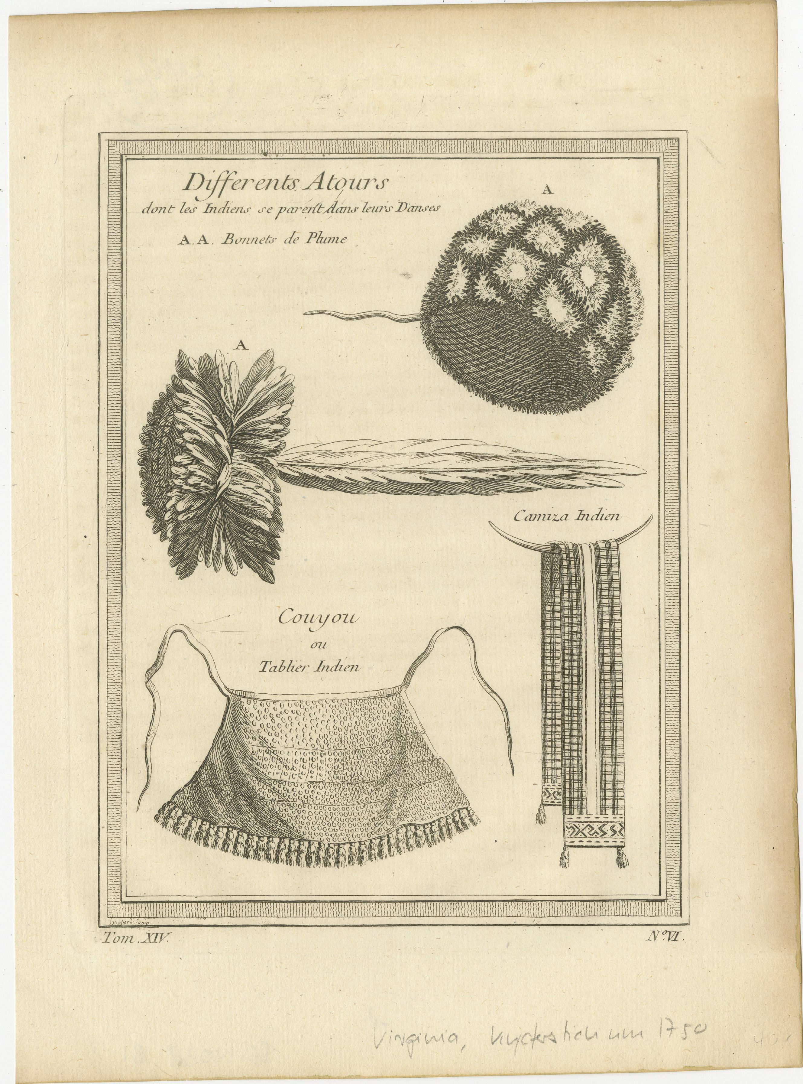 Engraved 1757 Native American Tribal Adornments – Feathered Headdresses, Belts & Jewelry For Sale