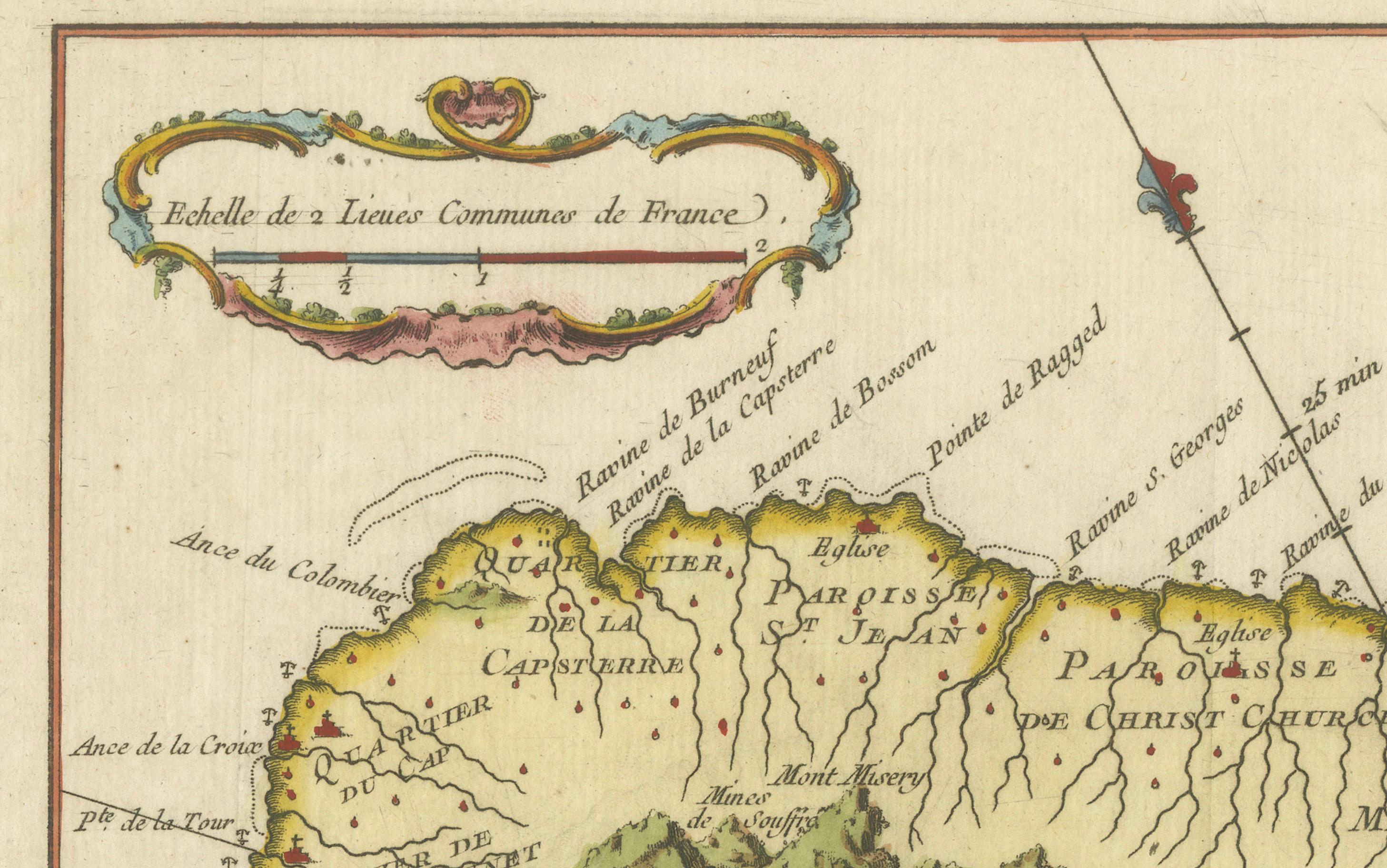 Mappa di Saint Kitts - St. Christophe del 1758, Incisione Antique French In condizioni buone in vendita a Langweer, NL